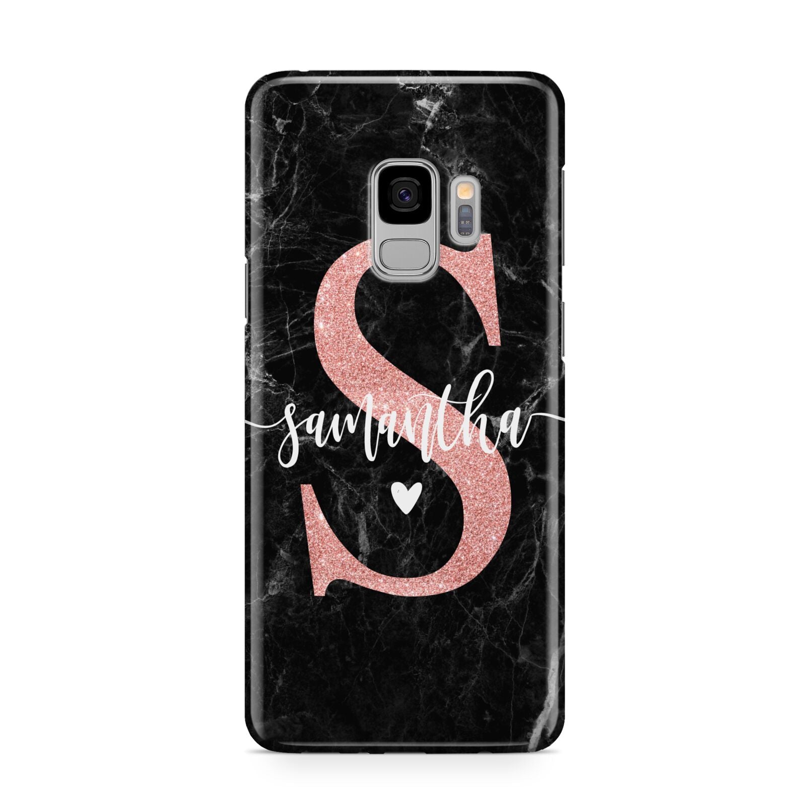 Black Marble Personalised Glitter Initial Name Samsung Galaxy S9 Case