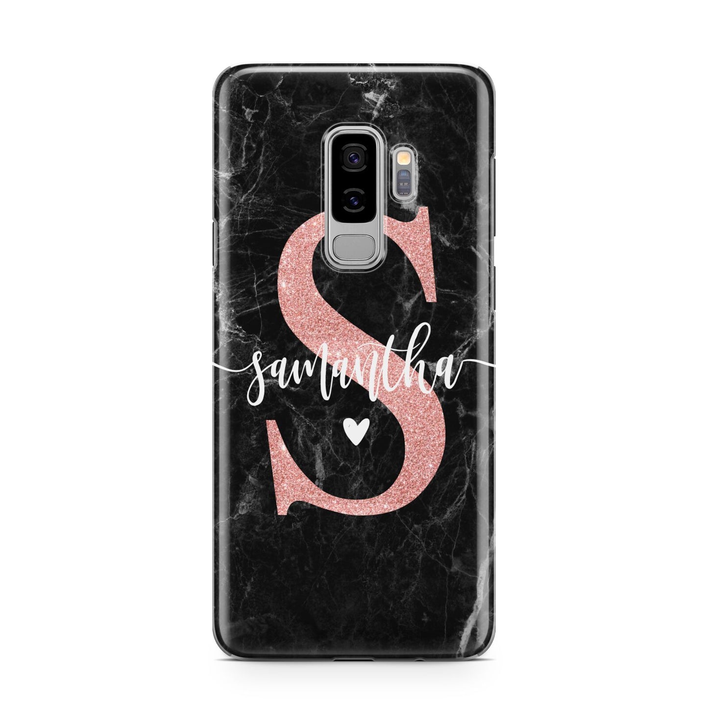 Black Marble Personalised Glitter Initial Name Samsung Galaxy S9 Plus Case on Silver phone