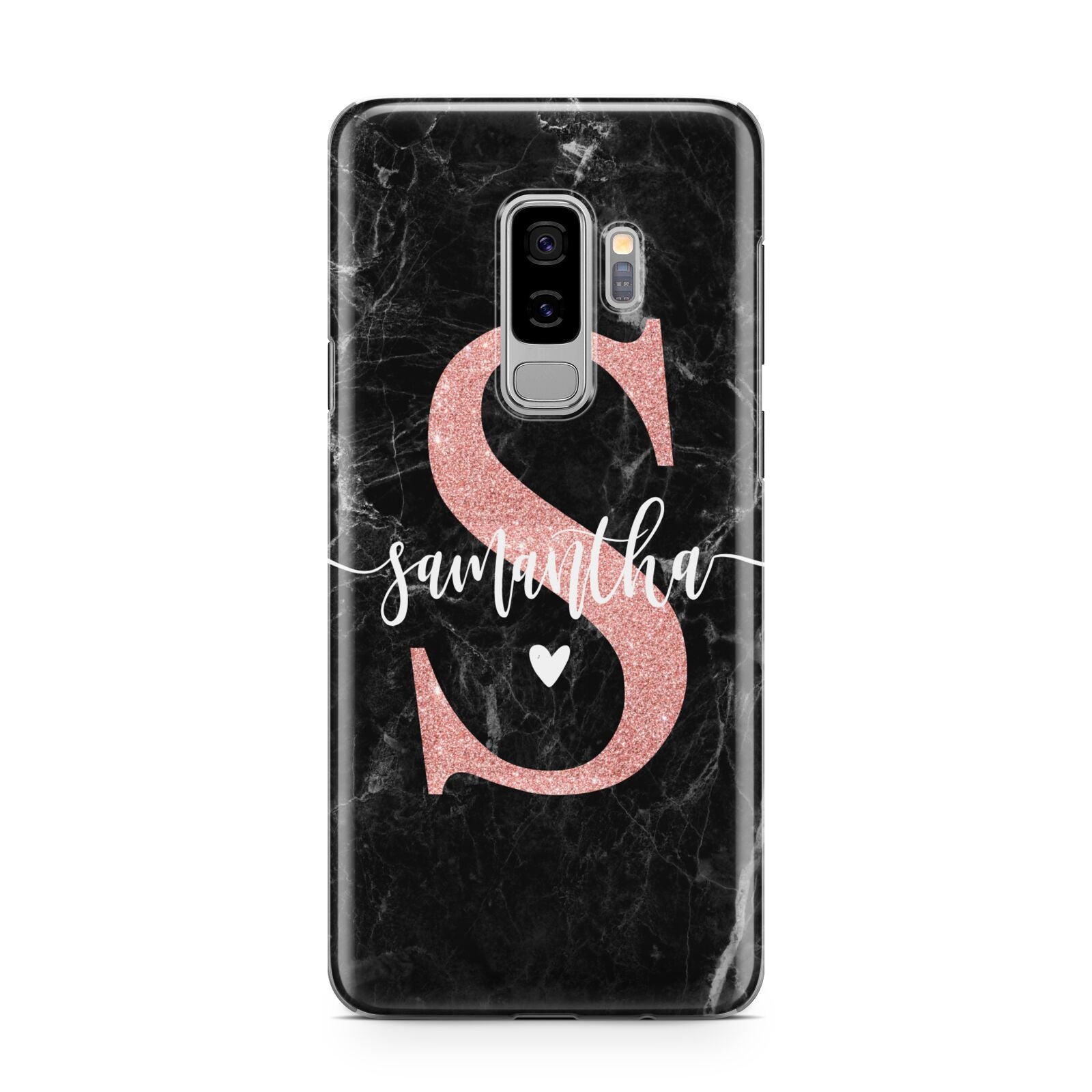 Black Marble Personalised Glitter Initial Name Samsung Galaxy S9 Plus Case on Silver phone