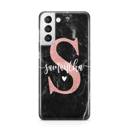 Black Marble Personalised Glitter Initial Name Samsung S21 Case