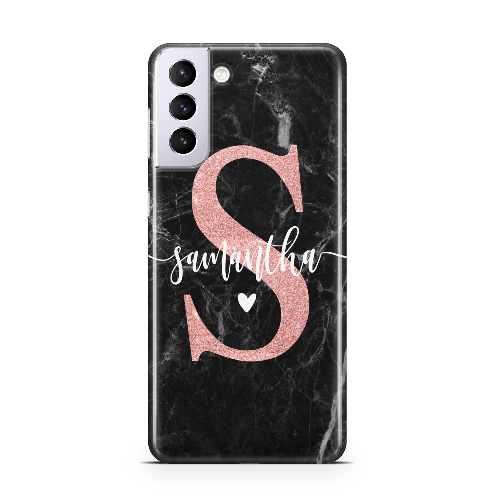 Black Marble Personalised Glitter Initial Name Samsung S21 Plus Case