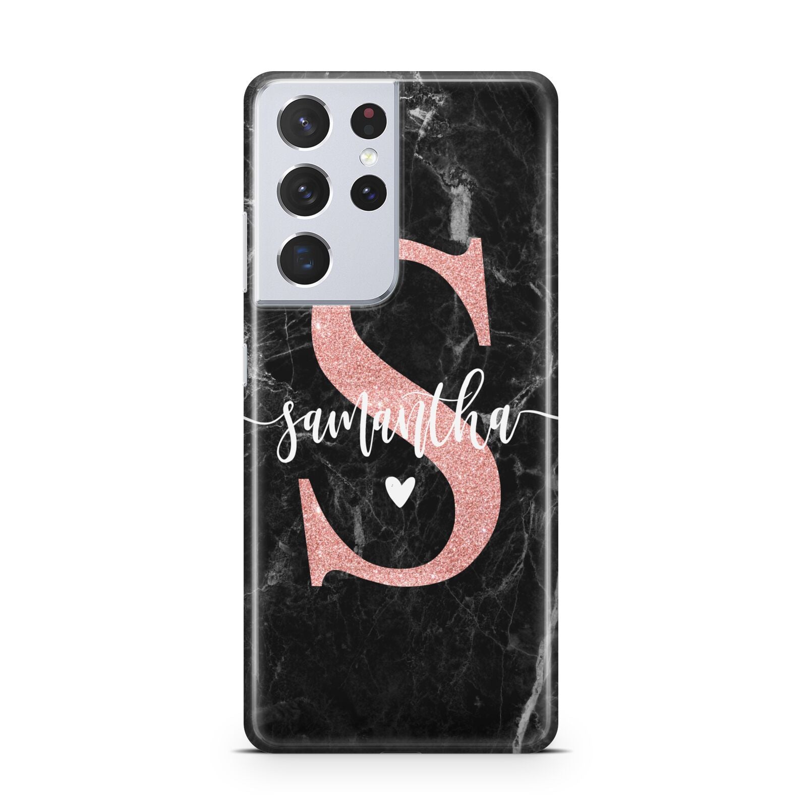 Black Marble Personalised Glitter Initial Name Samsung S21 Ultra Case