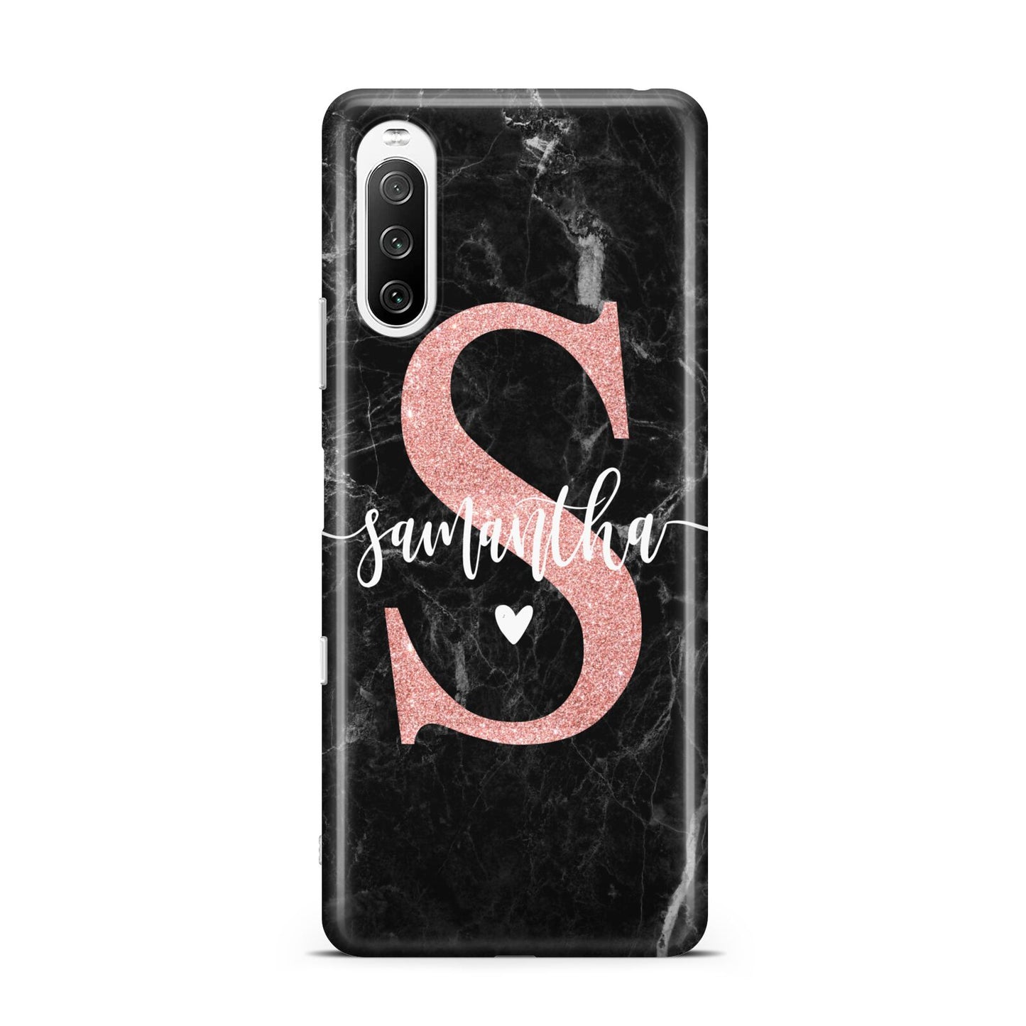 Black Marble Personalised Glitter Initial Name Sony Xperia 10 III Case