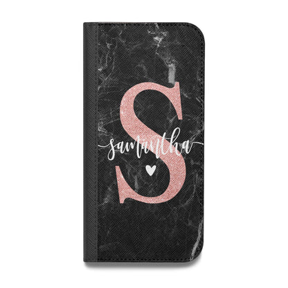 Black Marble Personalised Glitter Initial Name Vegan Leather Flip iPhone Case