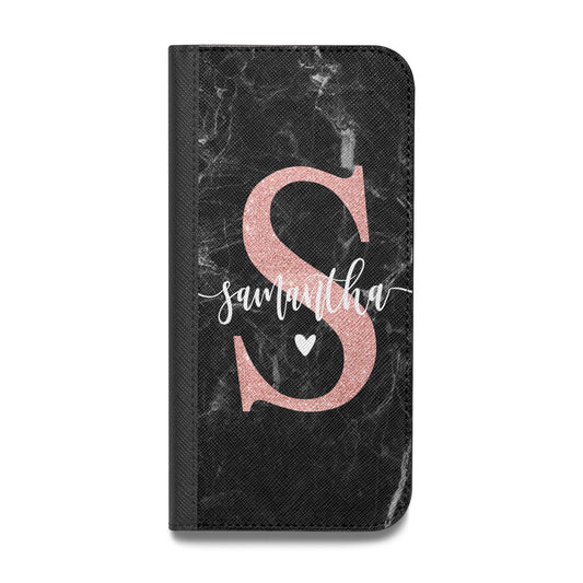 Black Marble Personalised Glitter Initial Name Vegan Leather Flip iPhone Case