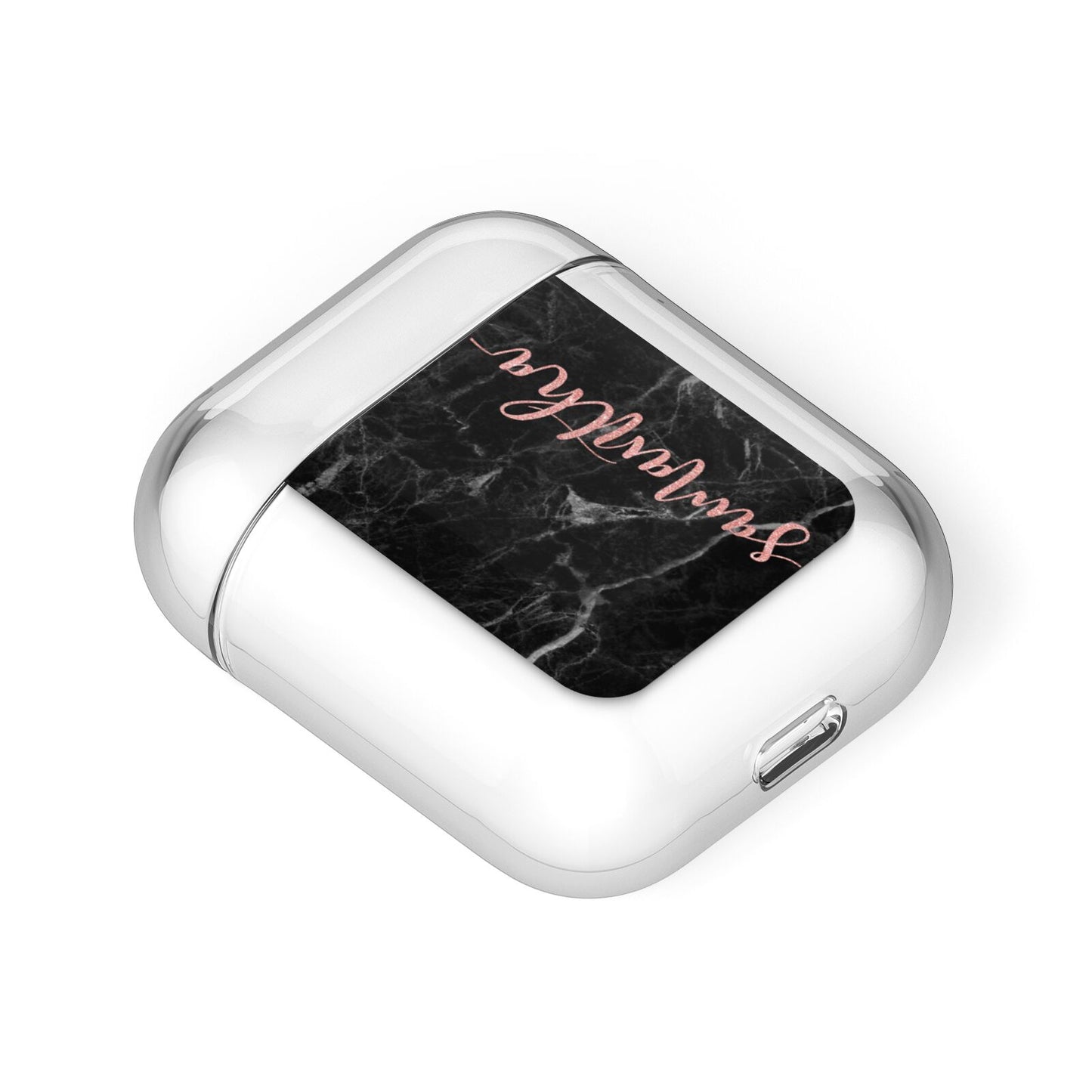 Black Marble Vertical Glitter Personalised Name AirPods Case Laid Flat