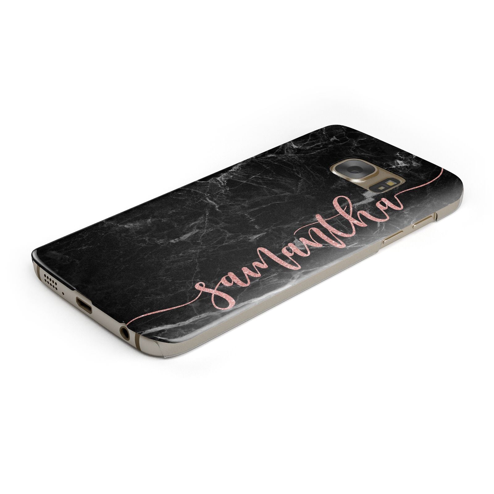 Black Marble Vertical Glitter Personalised Name Protective Samsung Galaxy Case Angled Image