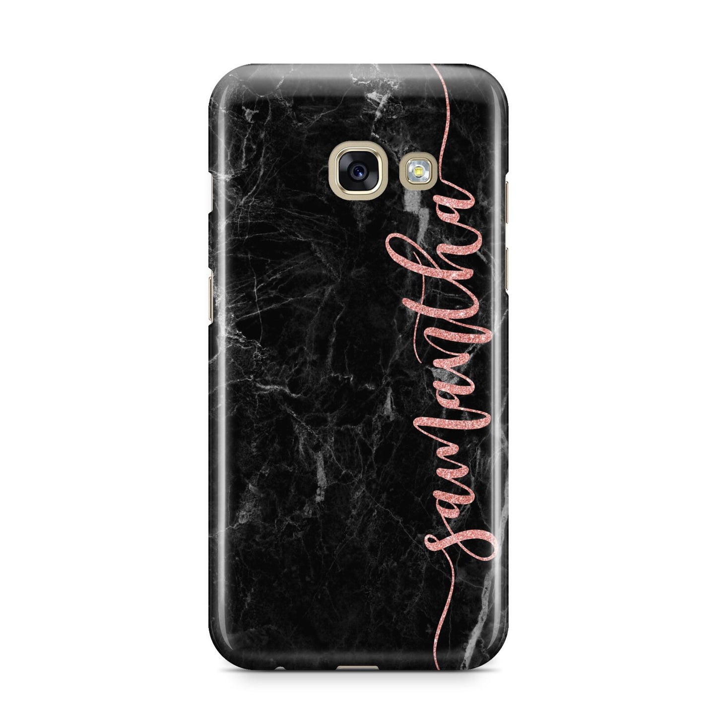 Black Marble Vertical Glitter Personalised Name Samsung Galaxy A3 2017 Case on gold phone