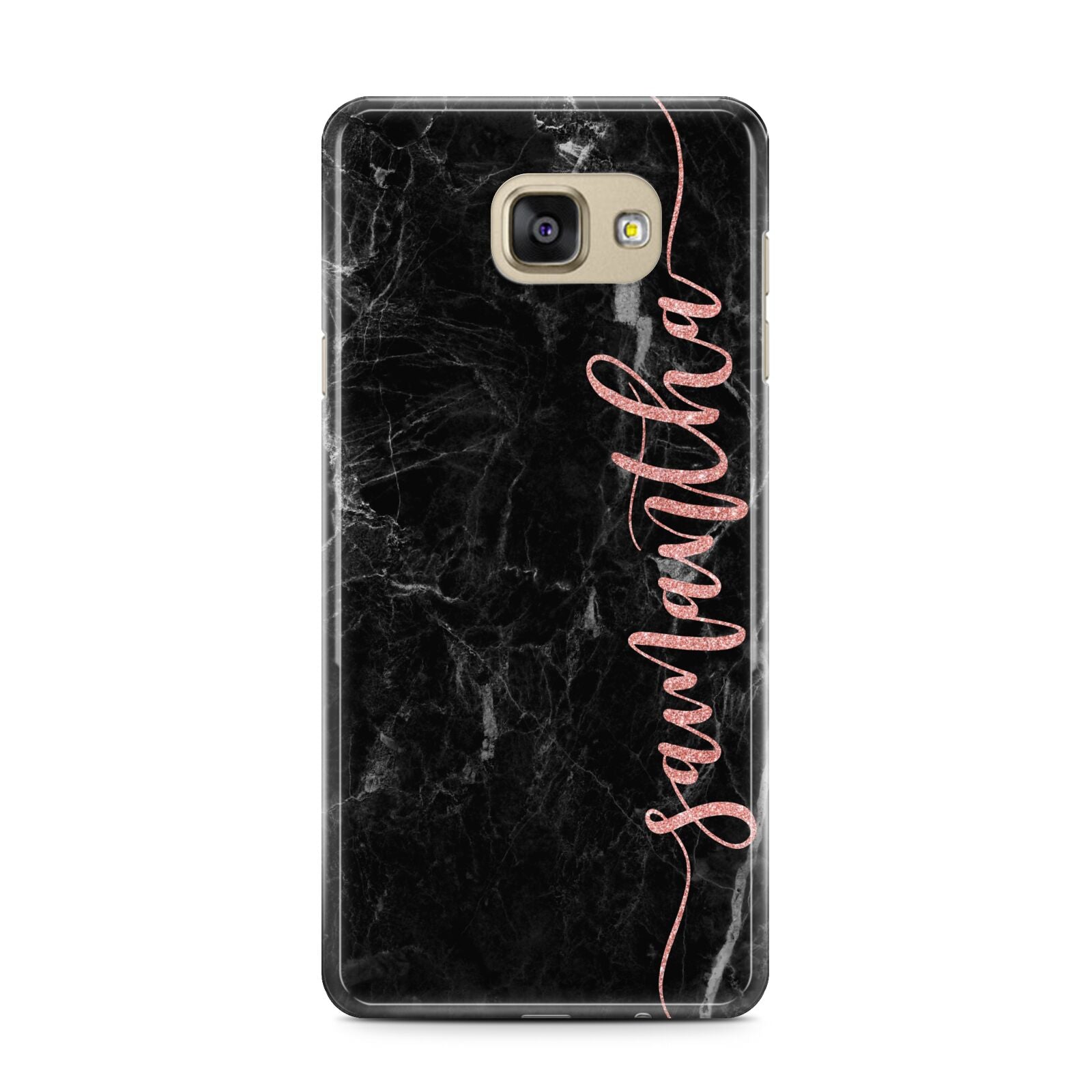 Black Marble Vertical Glitter Personalised Name Samsung Galaxy A7 2016 Case on gold phone