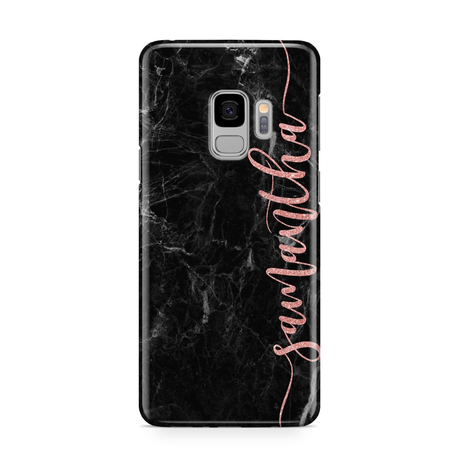 Black Marble Vertical Glitter Personalised Name Samsung Galaxy S9 Case