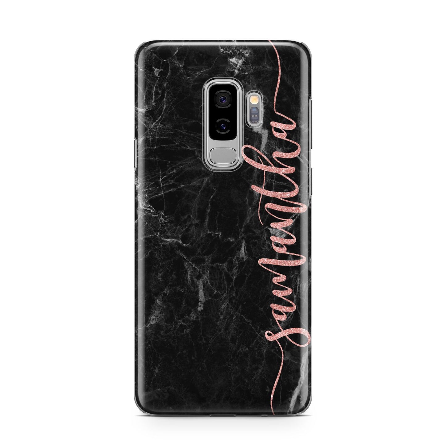 Black Marble Vertical Glitter Personalised Name Samsung Galaxy S9 Plus Case on Silver phone