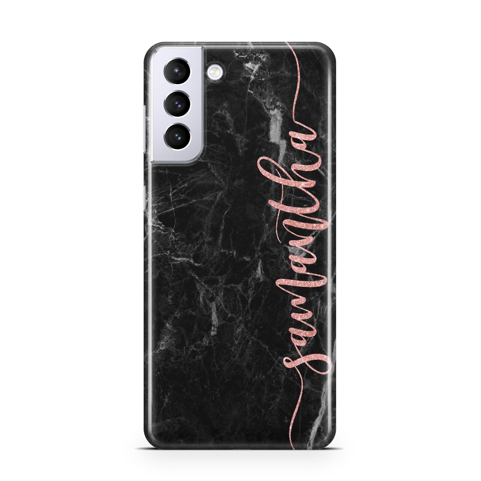 Black Marble Vertical Glitter Personalised Name Samsung S21 Plus Case