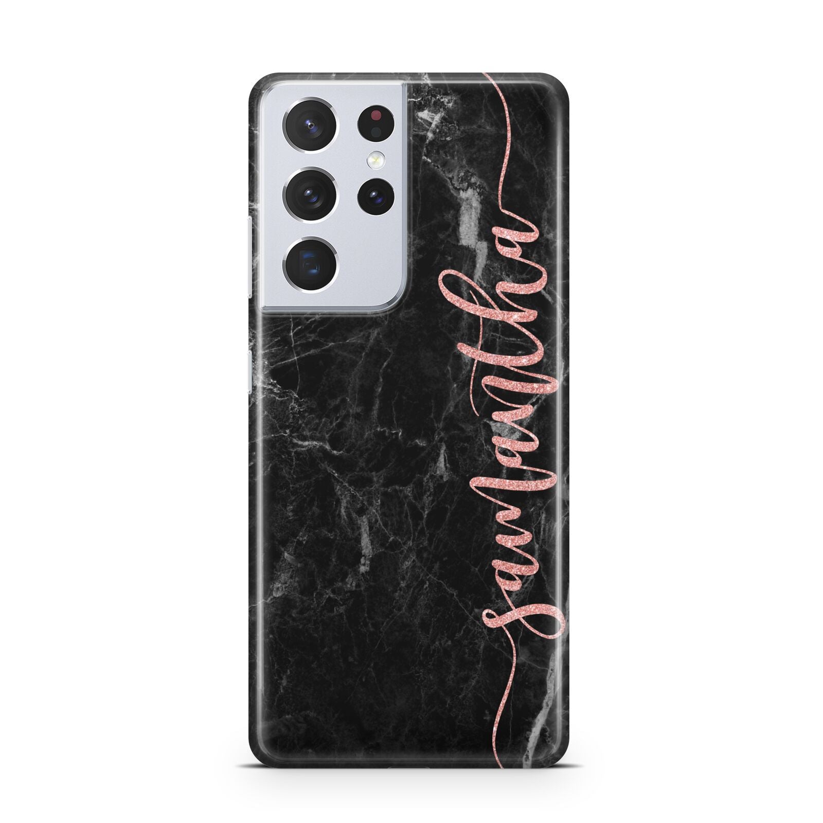 Black Marble Vertical Glitter Personalised Name Samsung S21 Ultra Case