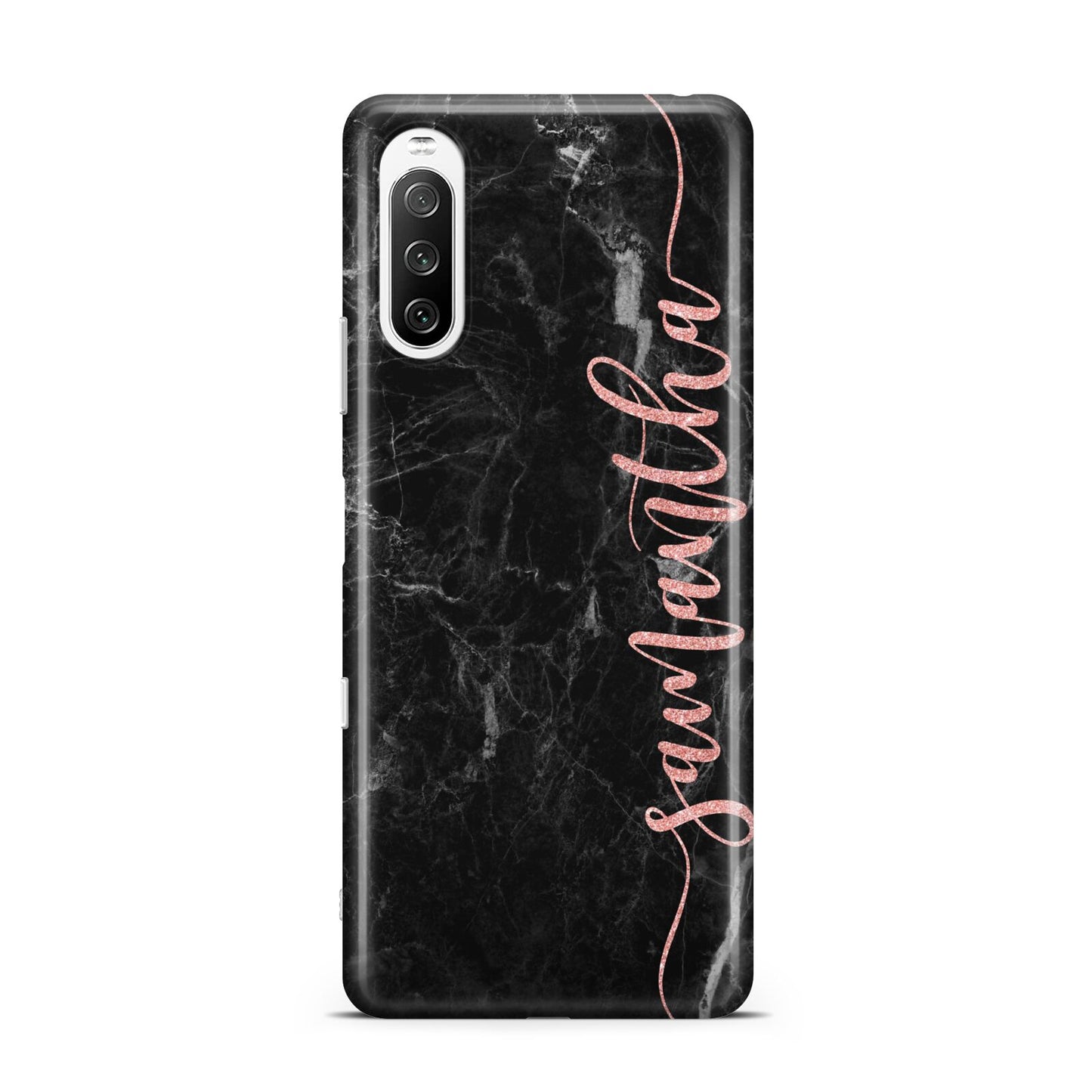 Black Marble Vertical Glitter Personalised Name Sony Xperia 10 III Case