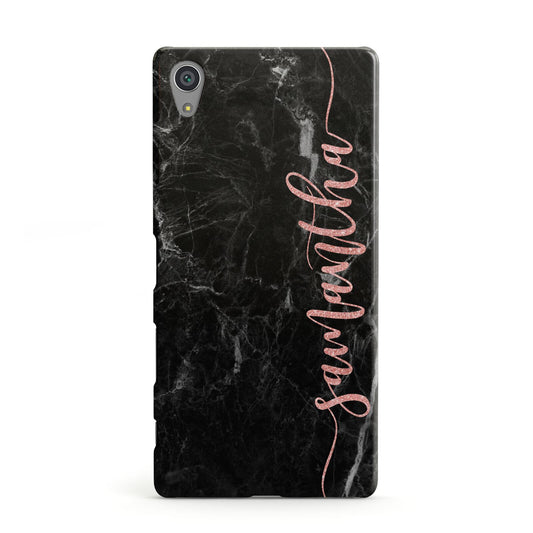 Black Marble Vertical Glitter Personalised Name Sony Xperia Case