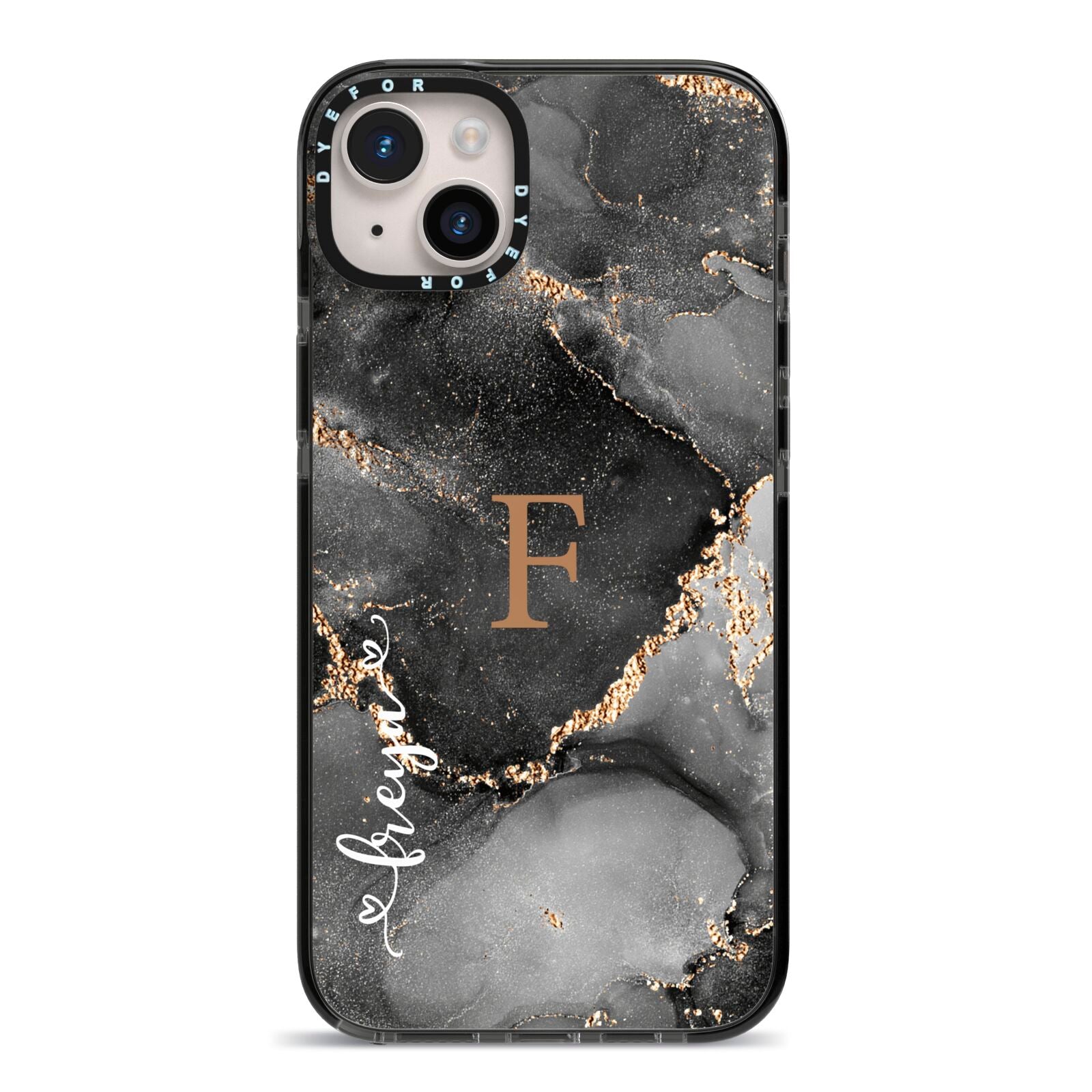 Black Marble iPhone 14 Plus Black Impact Case on Silver phone