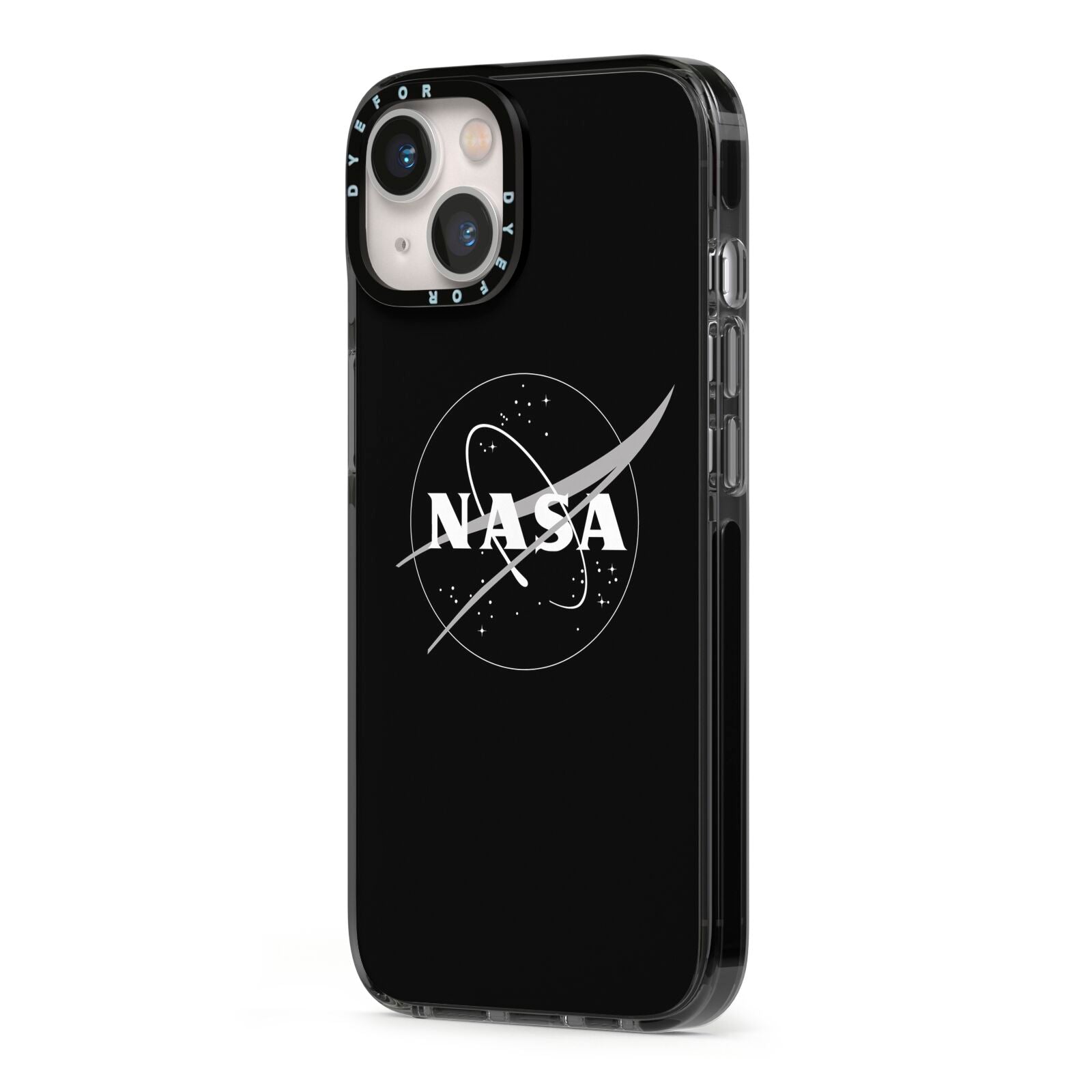 Black NASA Meatball iPhone 13 Black Impact Case Side Angle on Silver phone