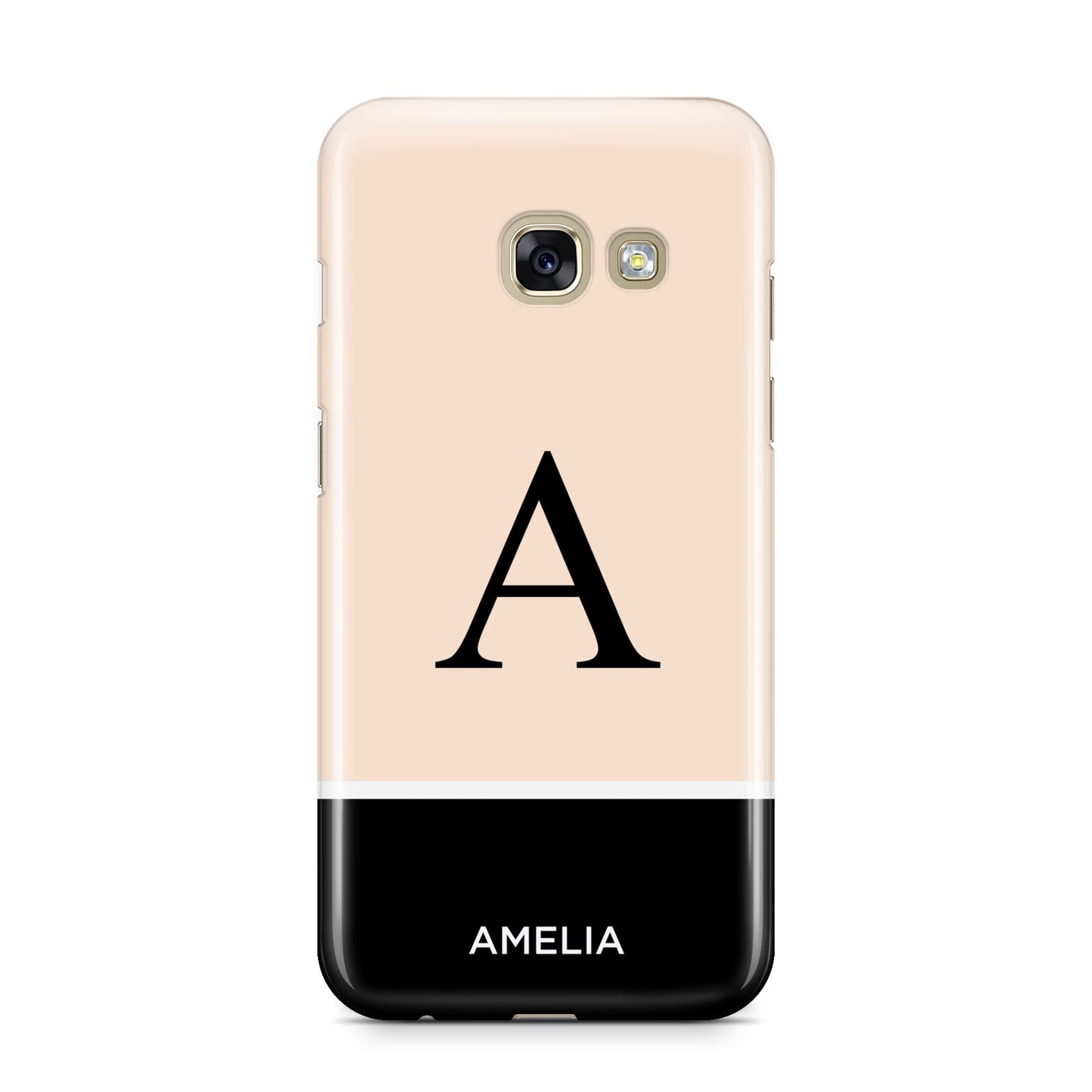 Black Neutral Personalised Initial Samsung Galaxy A3 2017 Case on gold phone