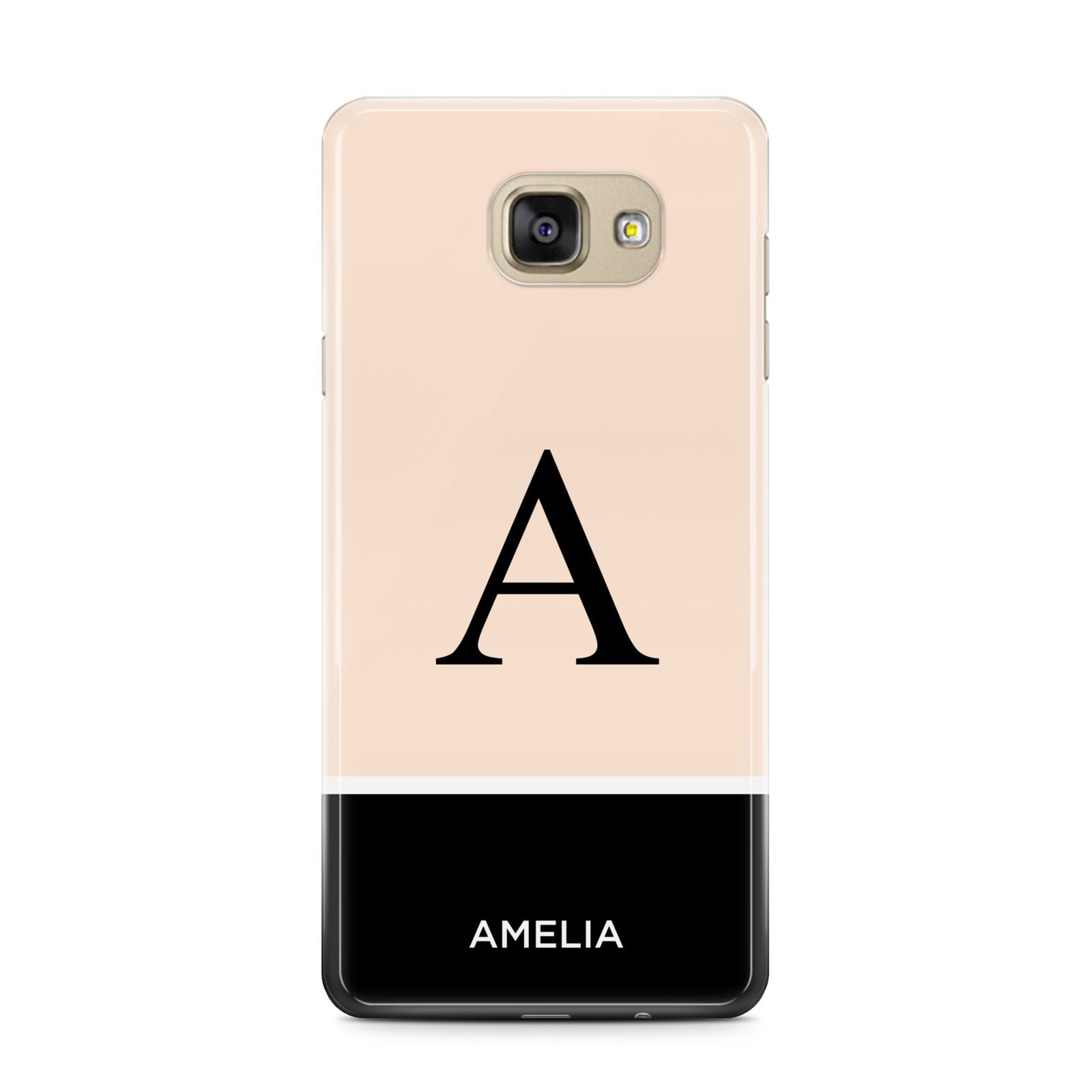 Black Neutral Personalised Initial Samsung Galaxy A7 2016 Case on gold phone