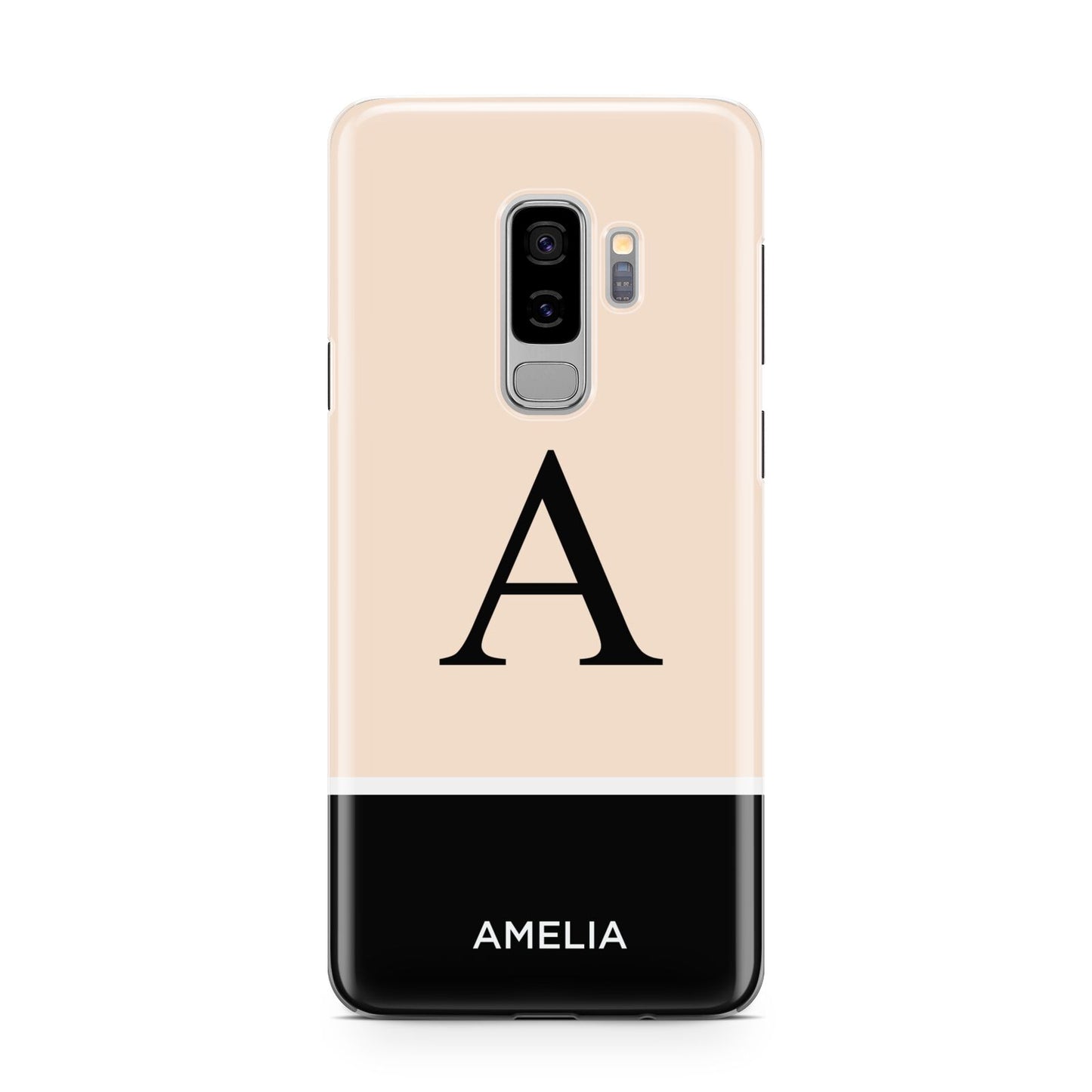 Black Neutral Personalised Initial Samsung Galaxy S9 Plus Case on Silver phone