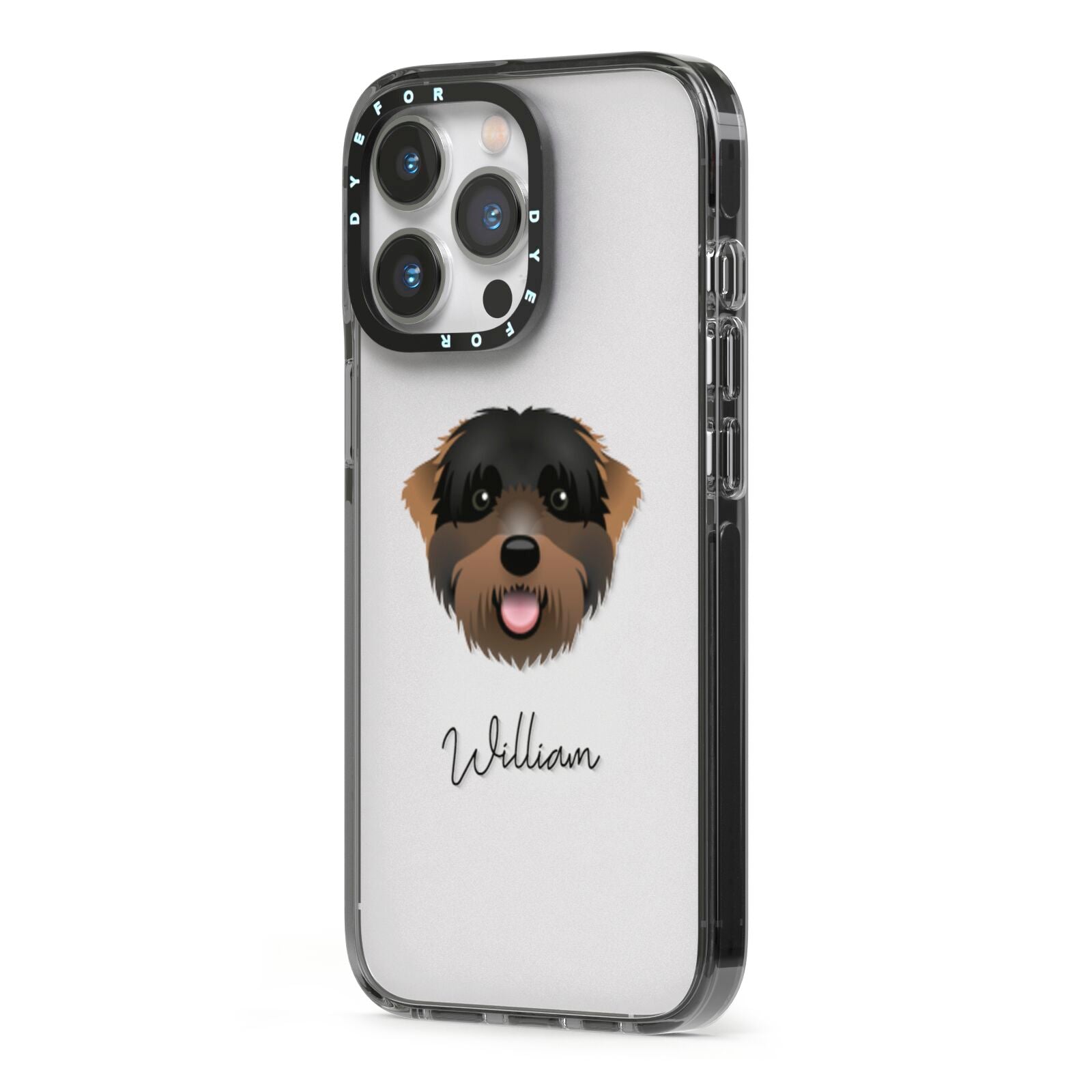 Black Russian Terrier Personalised iPhone 13 Pro Black Impact Case Side Angle on Silver phone
