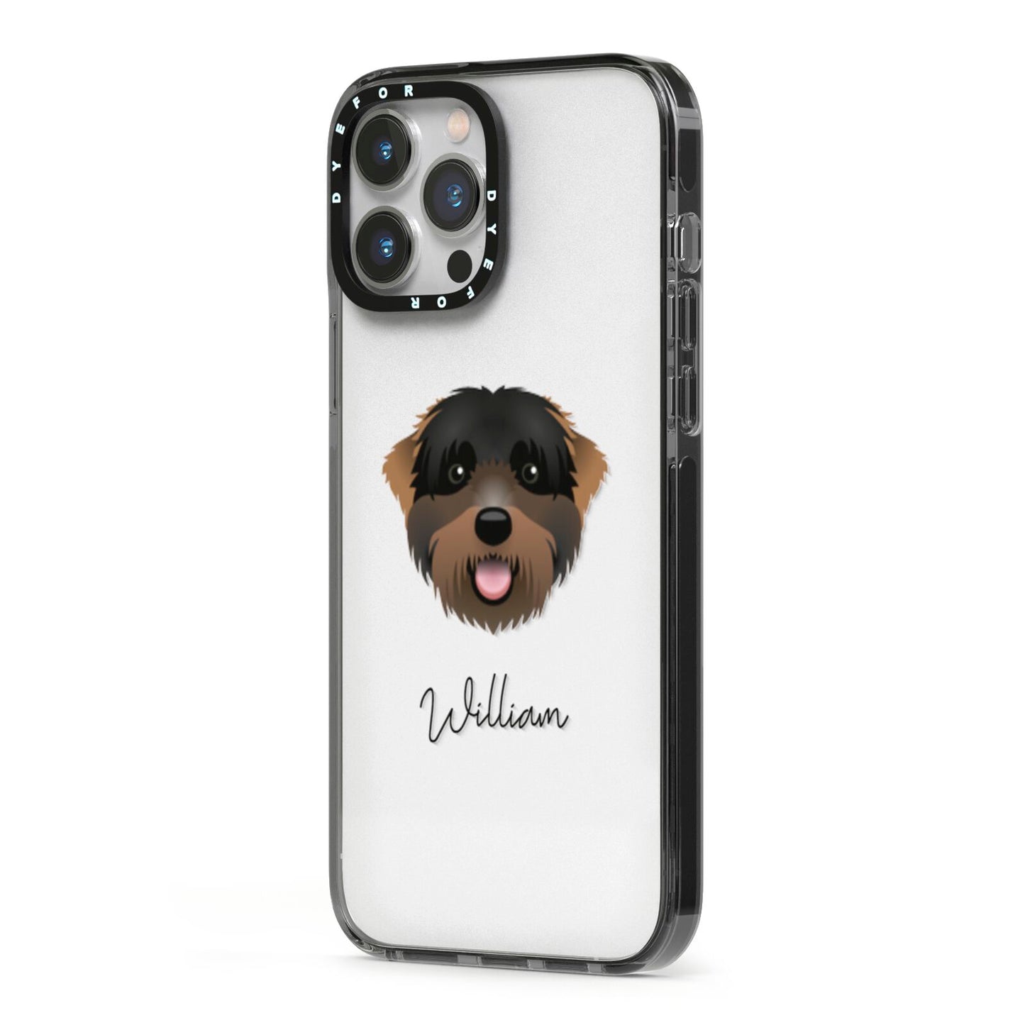 Black Russian Terrier Personalised iPhone 13 Pro Max Black Impact Case Side Angle on Silver phone