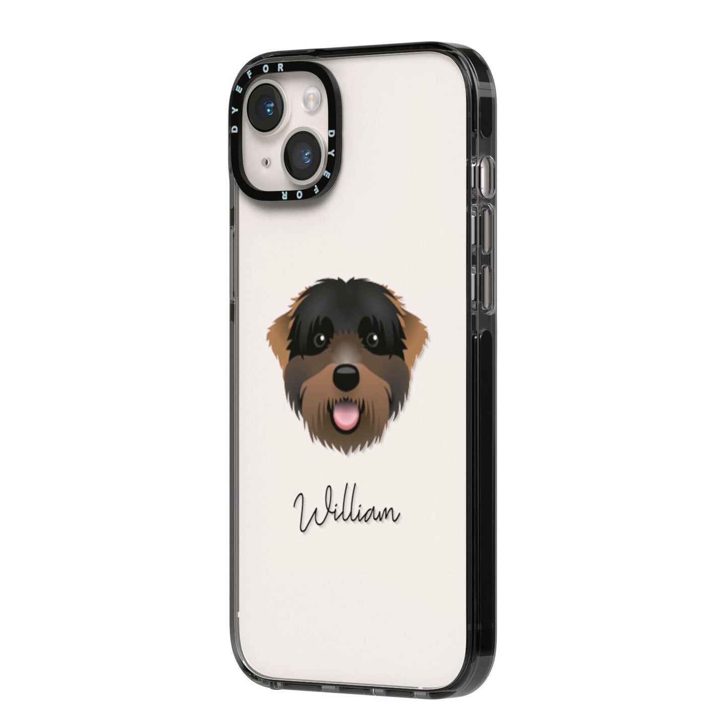 Black Russian Terrier Personalised iPhone 14 Plus Black Impact Case Side Angle on Silver phone