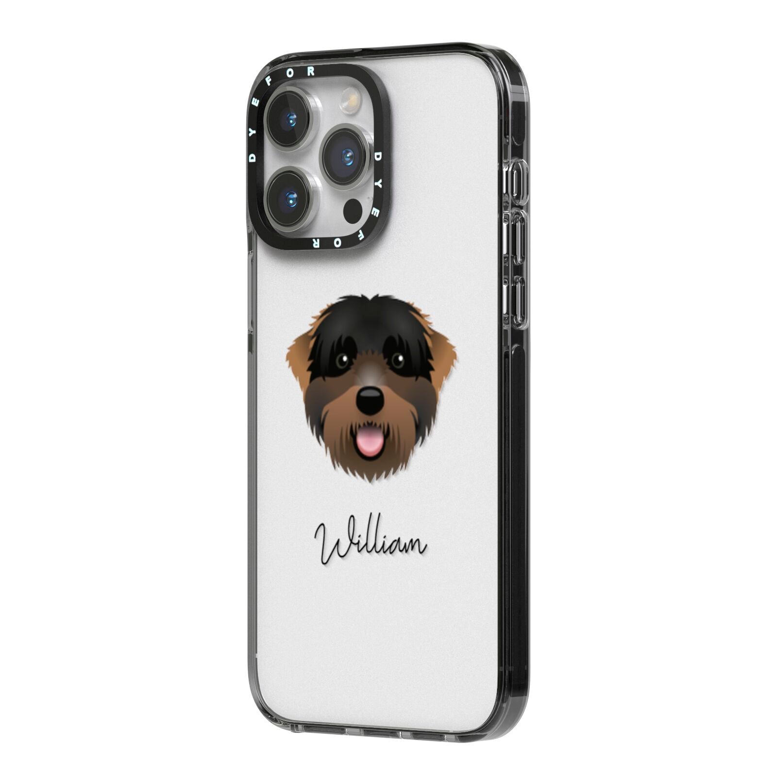 Black Russian Terrier Personalised iPhone 14 Pro Max Black Impact Case Side Angle on Silver phone