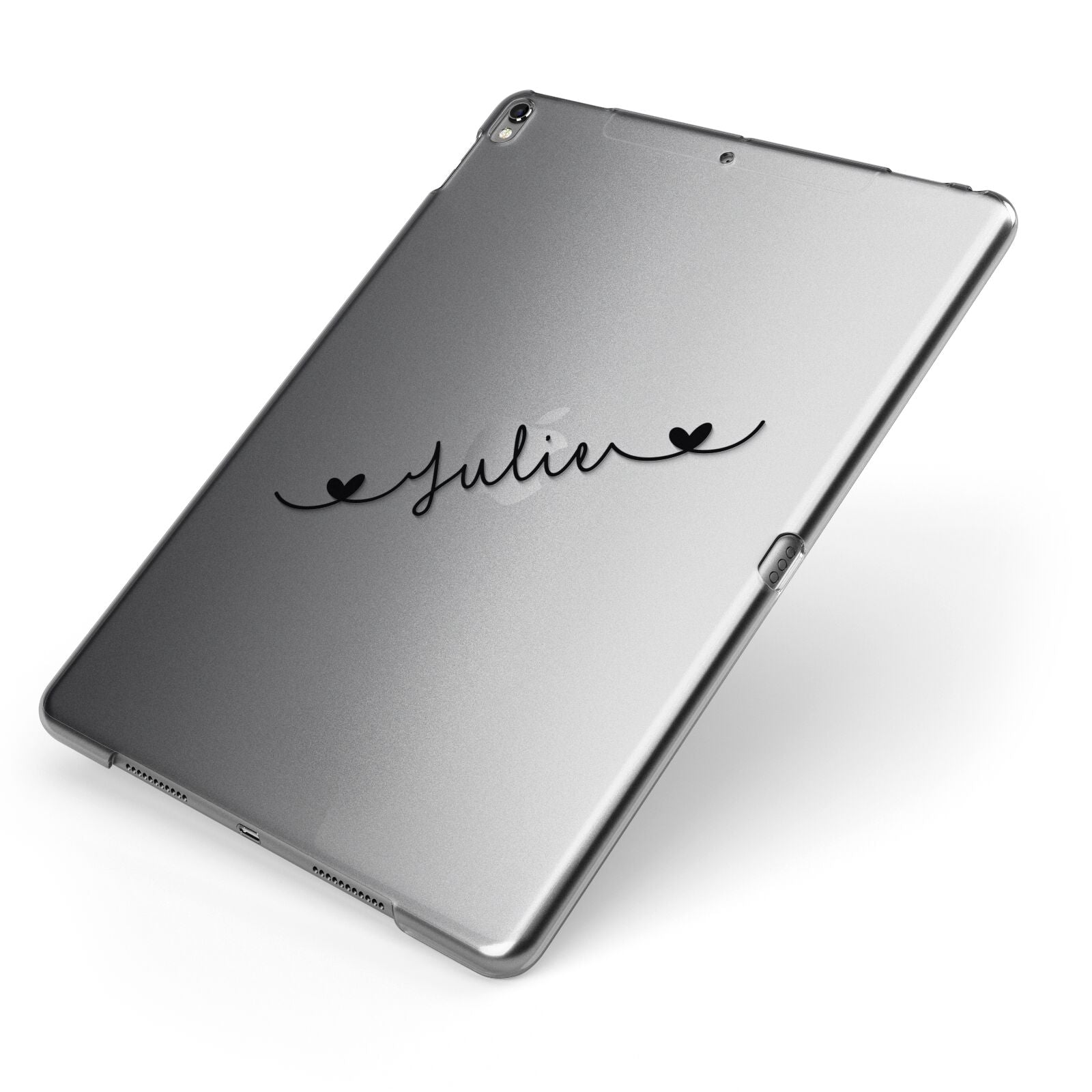 Black Sloped Handwritten Name Apple iPad Case on Grey iPad Side View