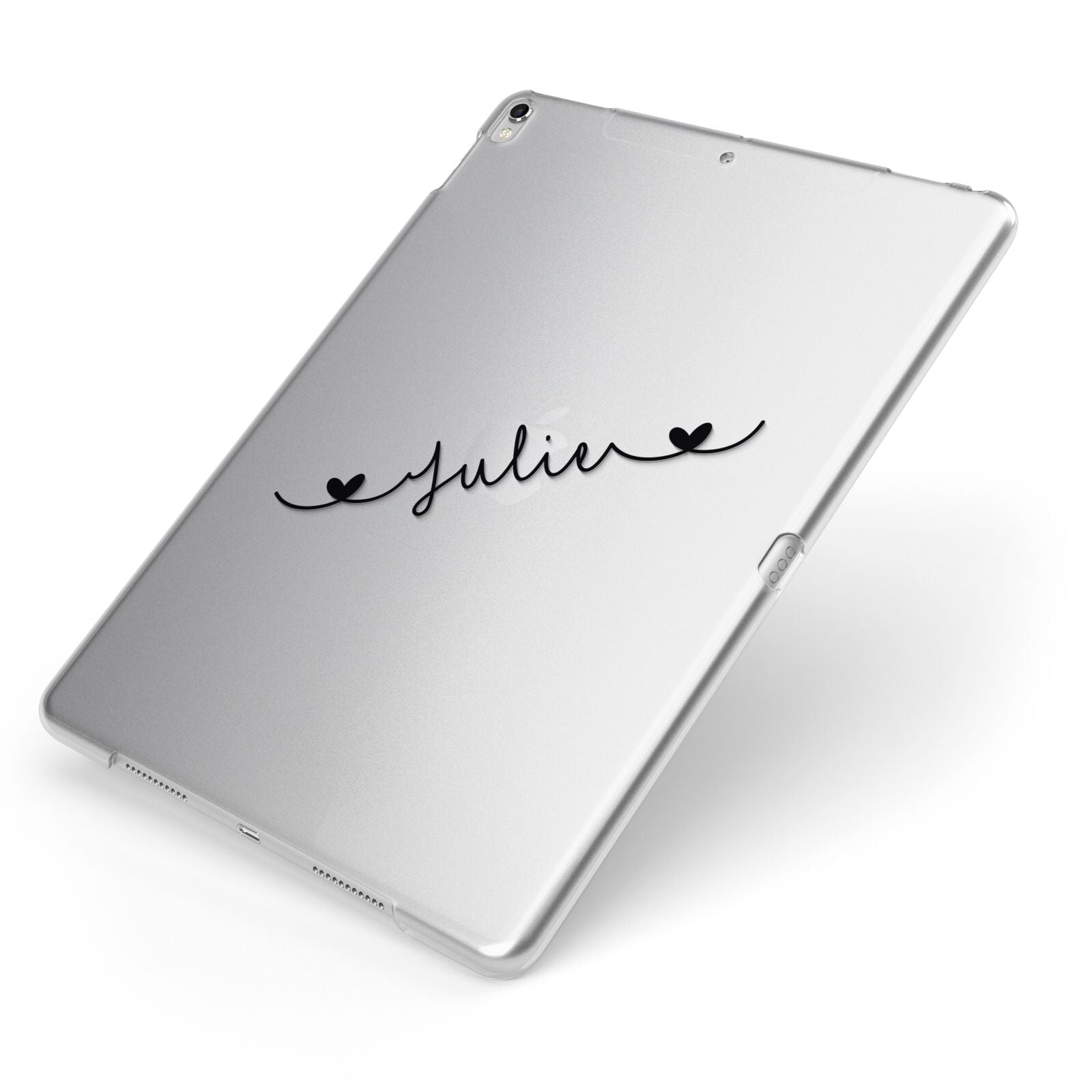 Black Sloped Handwritten Name Apple iPad Case on Silver iPad Side View