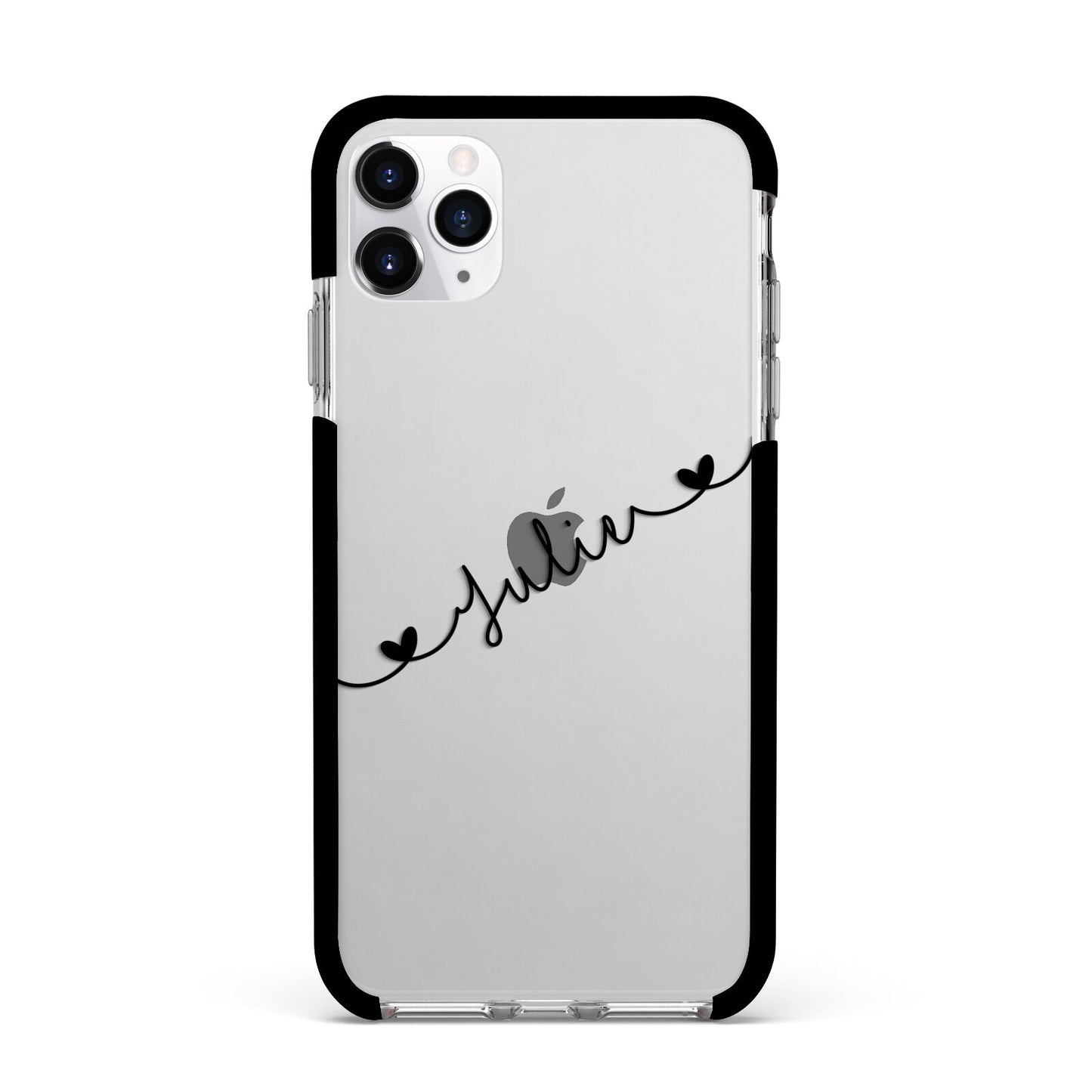 Black Sloped Handwritten Name Apple iPhone 11 Pro Max in Silver with Black Impact Case