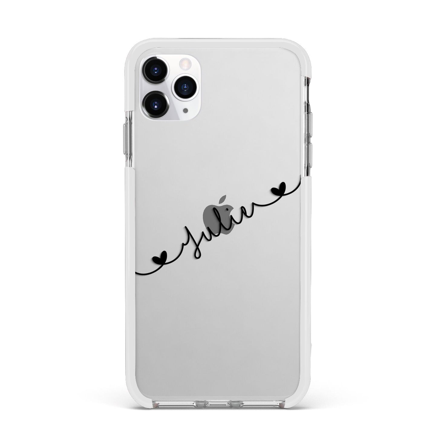 Black Sloped Handwritten Name Apple iPhone 11 Pro Max in Silver with White Impact Case