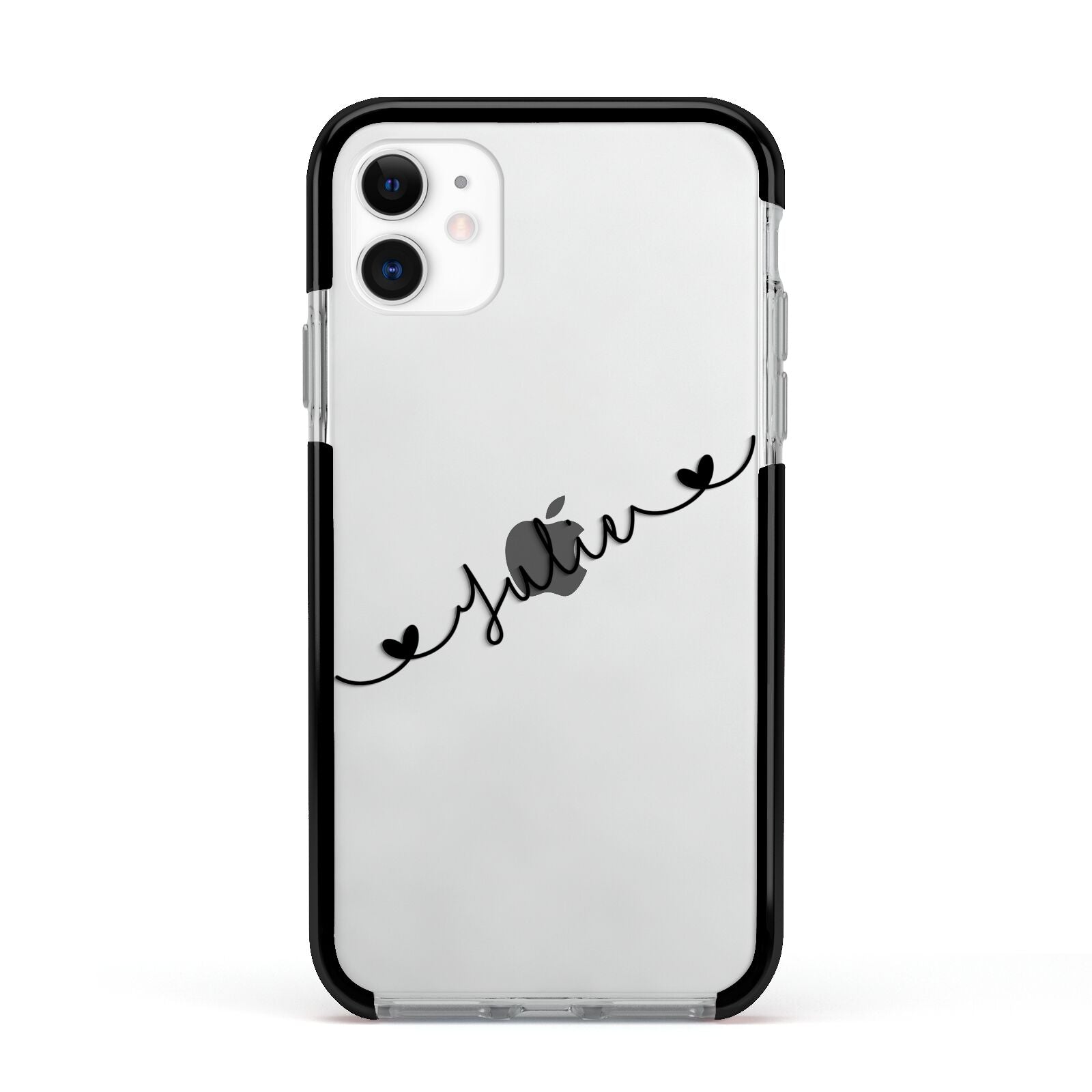 Black Sloped Handwritten Name Apple iPhone 11 in White with Black Impact Case