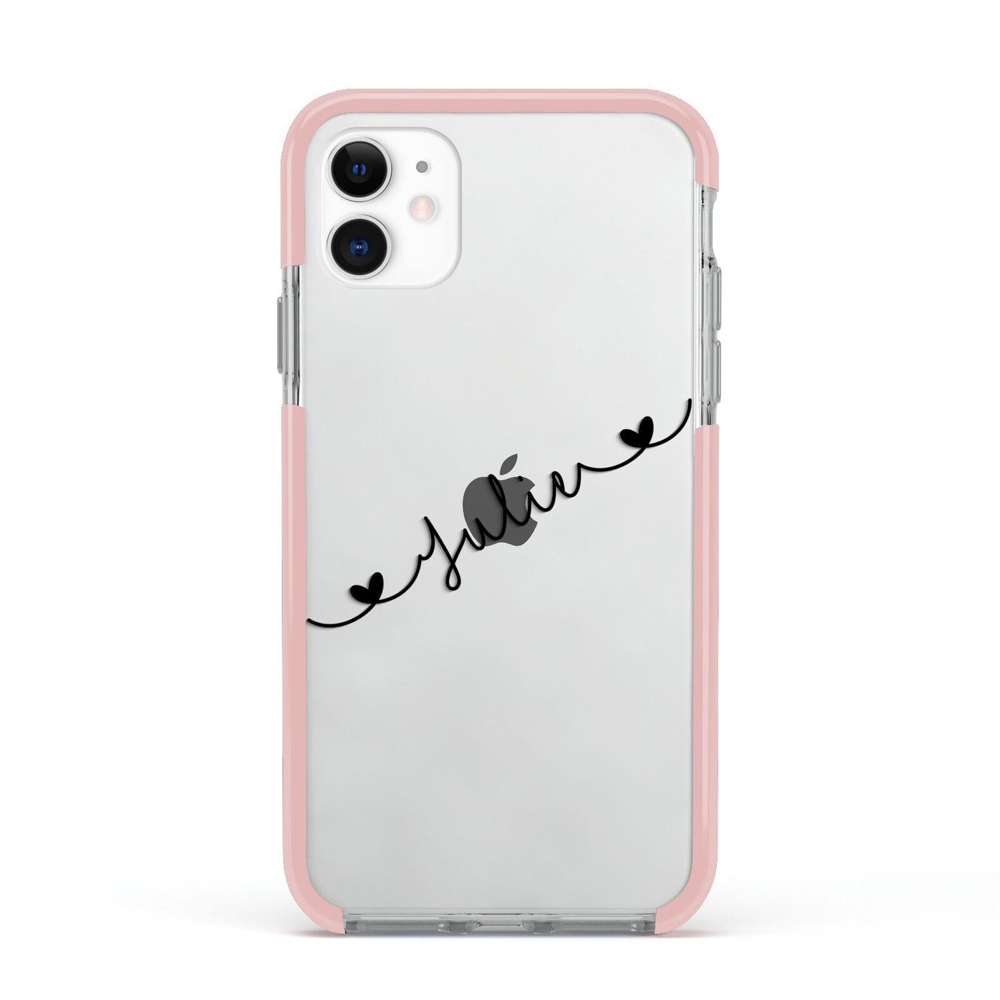 Black Sloped Handwritten Name Apple iPhone 11 in White with Pink Impact Case