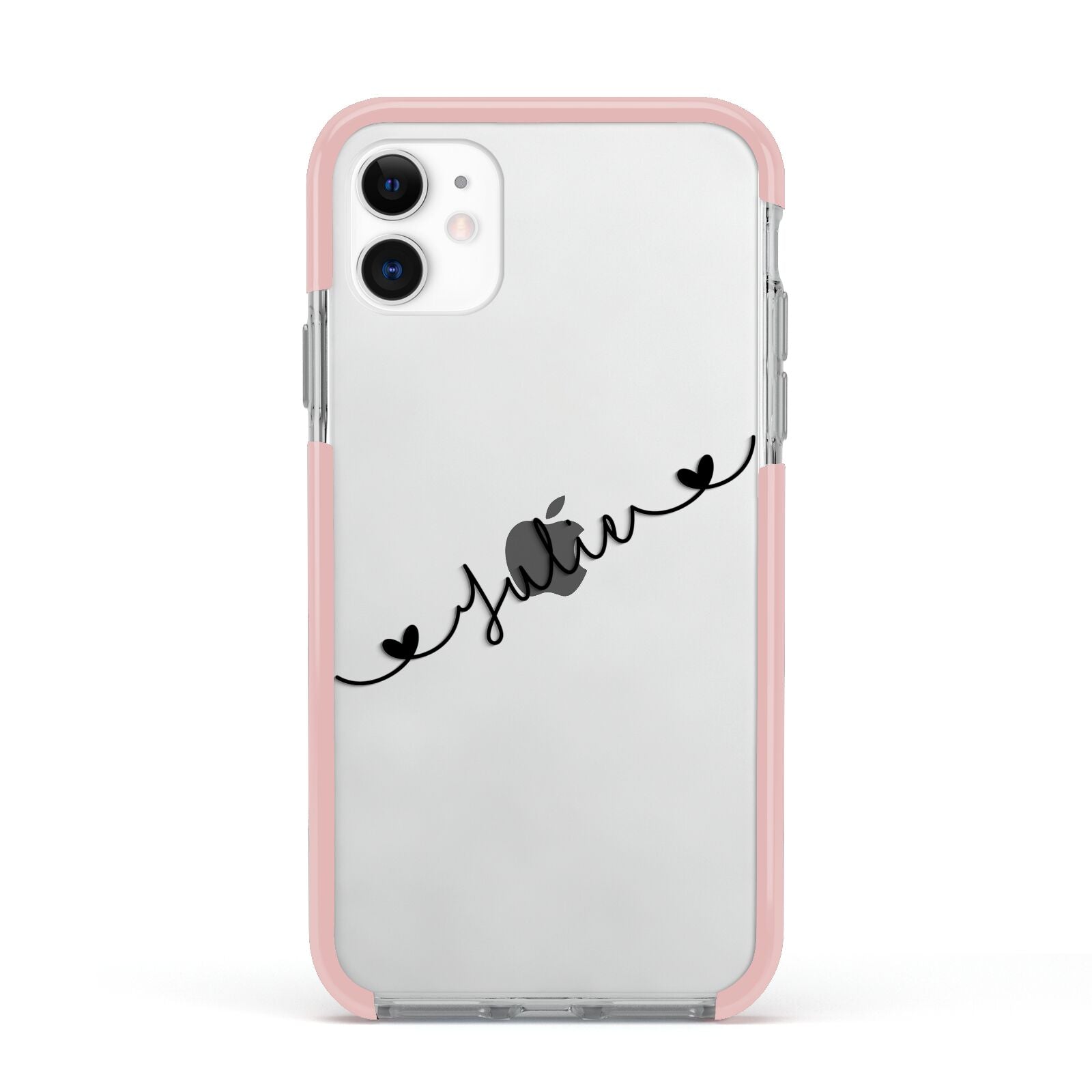 Black Sloped Handwritten Name Apple iPhone 11 in White with Pink Impact Case