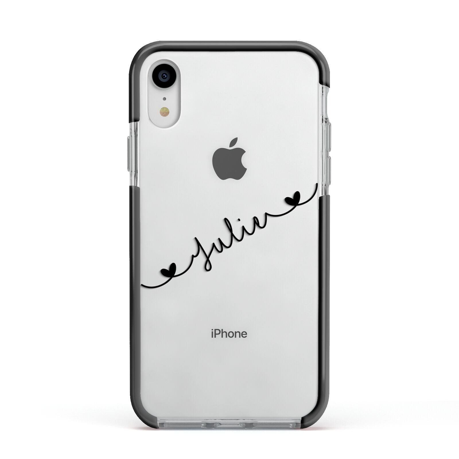 Black Sloped Handwritten Name Apple iPhone XR Impact Case Black Edge on Silver Phone