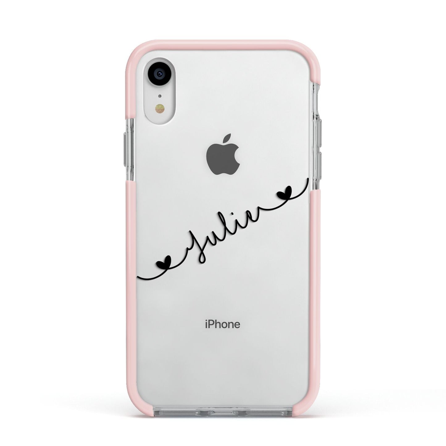 Black Sloped Handwritten Name Apple iPhone XR Impact Case Pink Edge on Silver Phone