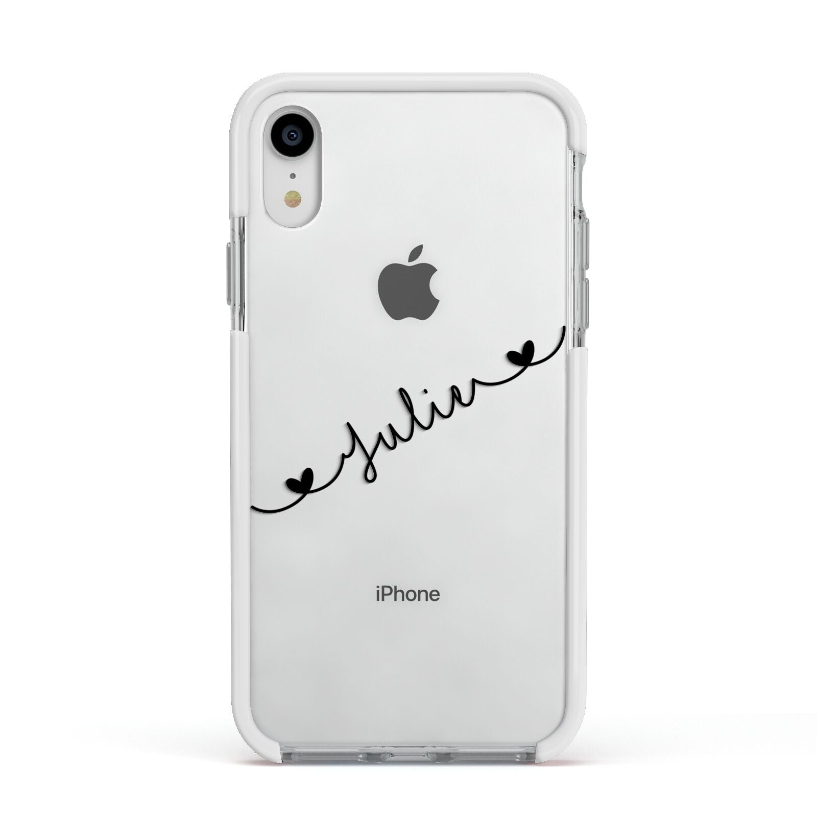 Black Sloped Handwritten Name Apple iPhone XR Impact Case White Edge on Silver Phone