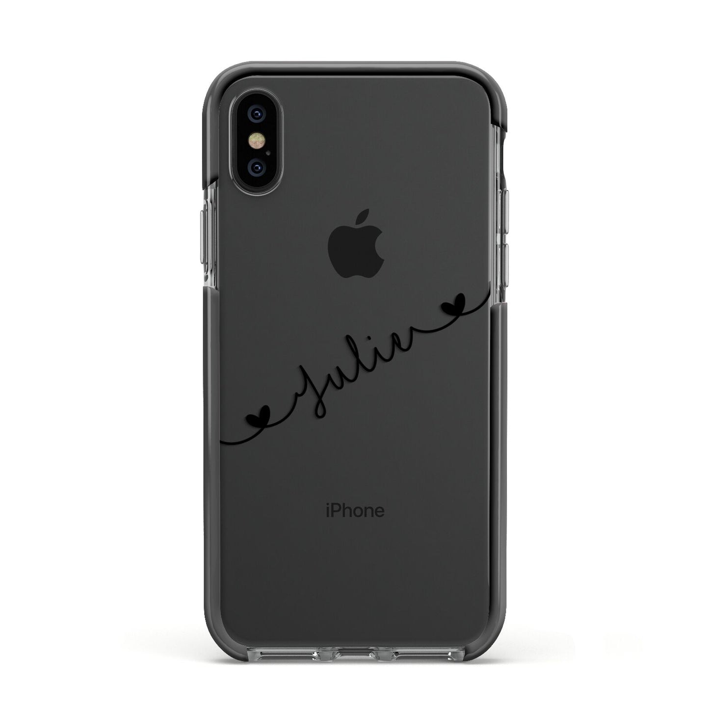 Black Sloped Handwritten Name Apple iPhone Xs Impact Case Black Edge on Black Phone