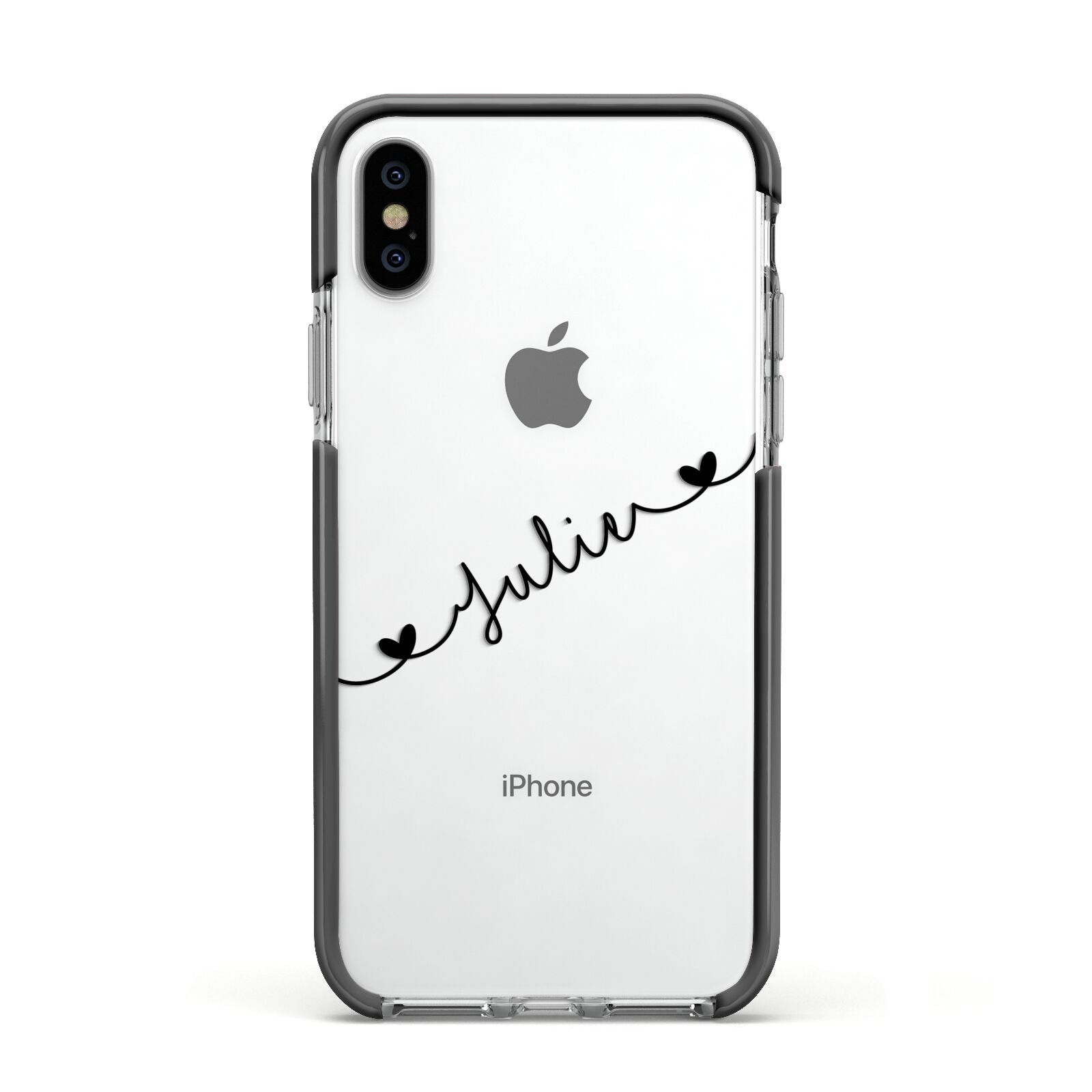 Black Sloped Handwritten Name Apple iPhone Xs Impact Case Black Edge on Silver Phone