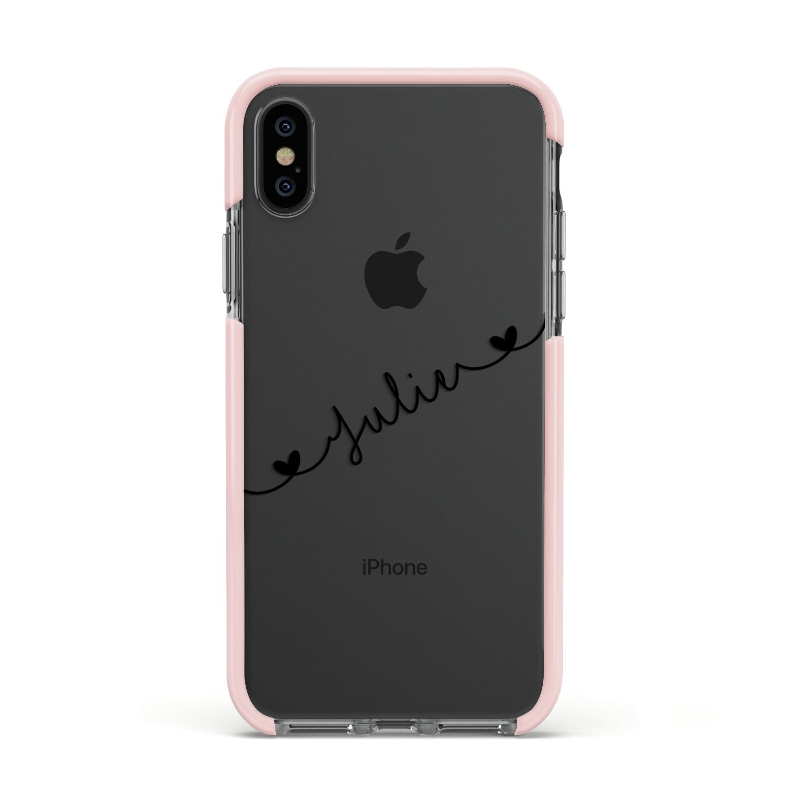 Black Sloped Handwritten Name Apple iPhone Xs Impact Case Pink Edge on Black Phone