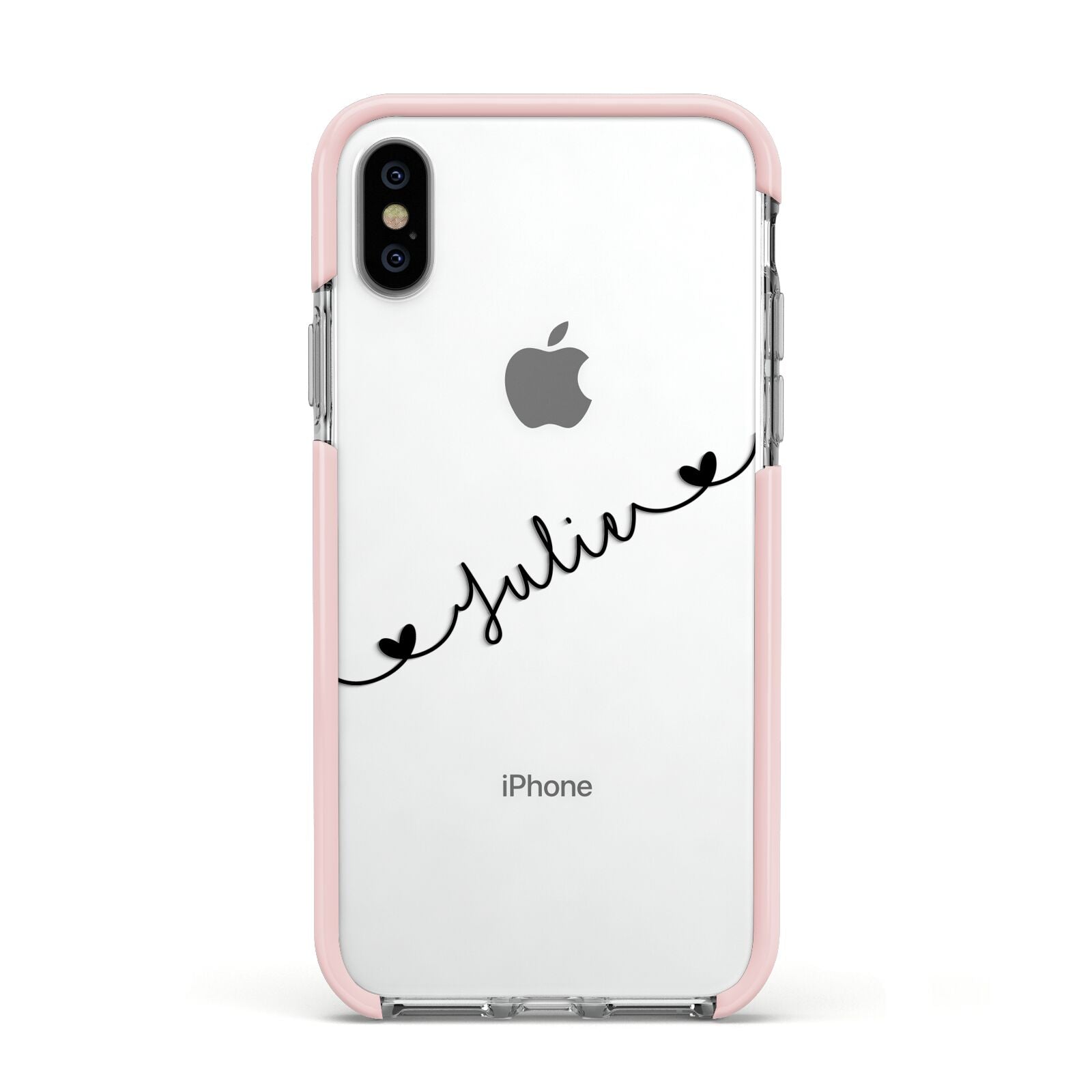 Black Sloped Handwritten Name Apple iPhone Xs Impact Case Pink Edge on Silver Phone