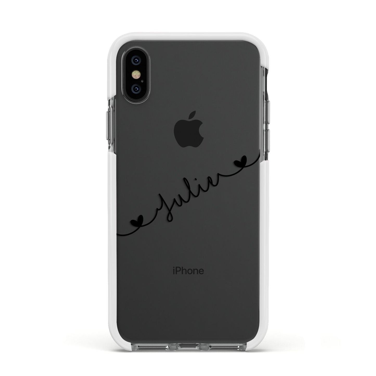 Black Sloped Handwritten Name Apple iPhone Xs Impact Case White Edge on Black Phone