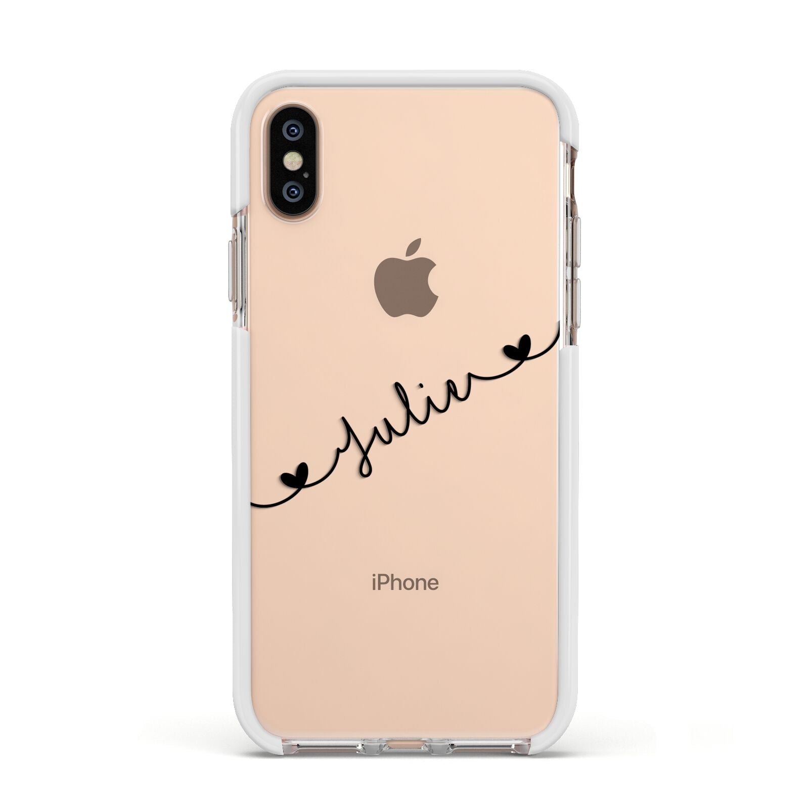 Black Sloped Handwritten Name Apple iPhone Xs Impact Case White Edge on Gold Phone