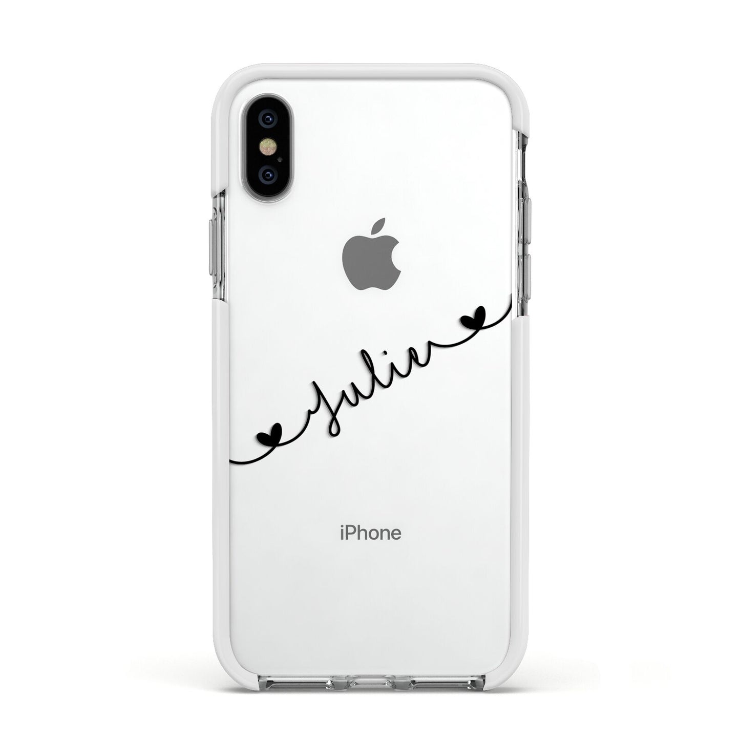 Black Sloped Handwritten Name Apple iPhone Xs Impact Case White Edge on Silver Phone