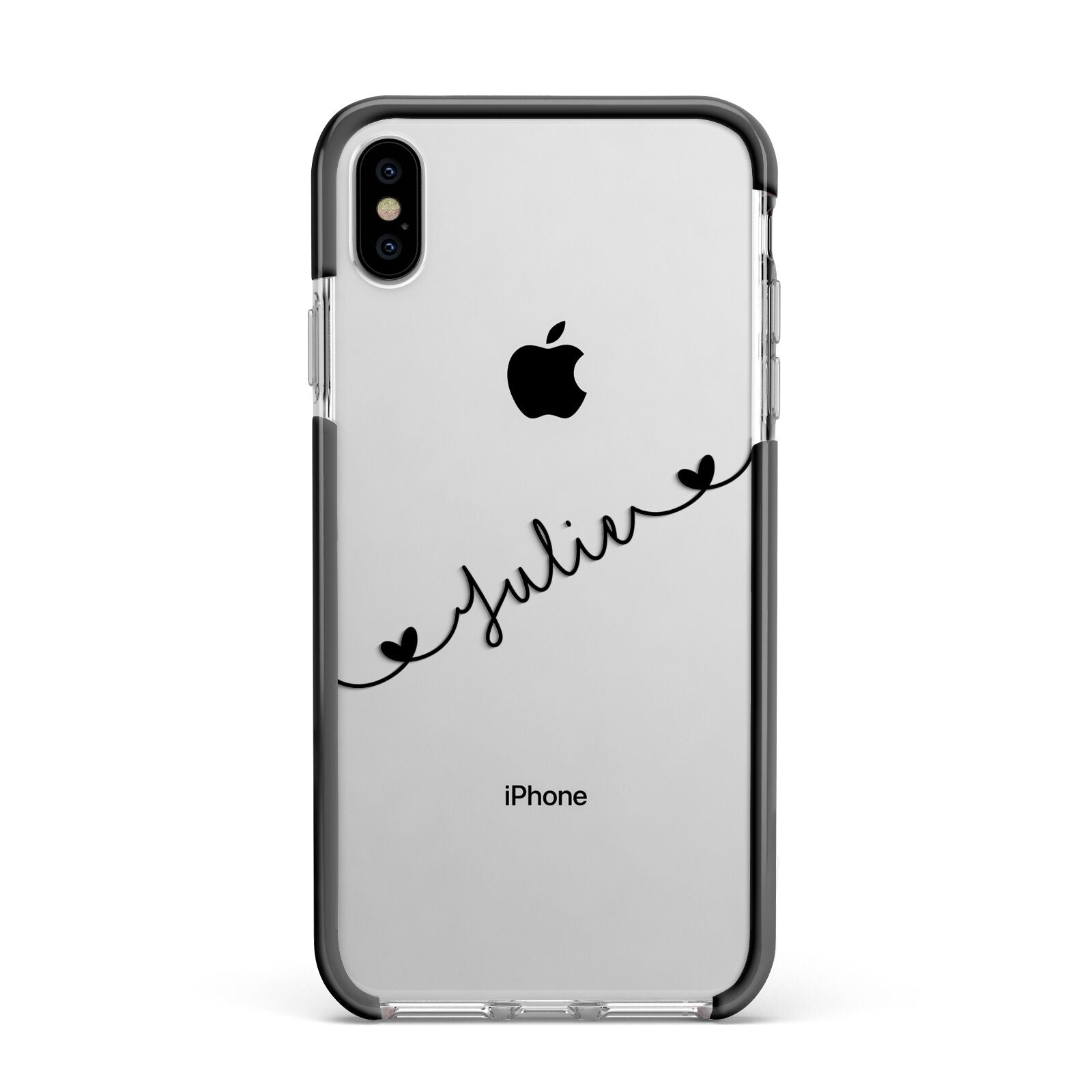 Black Sloped Handwritten Name Apple iPhone Xs Max Impact Case Black Edge on Silver Phone