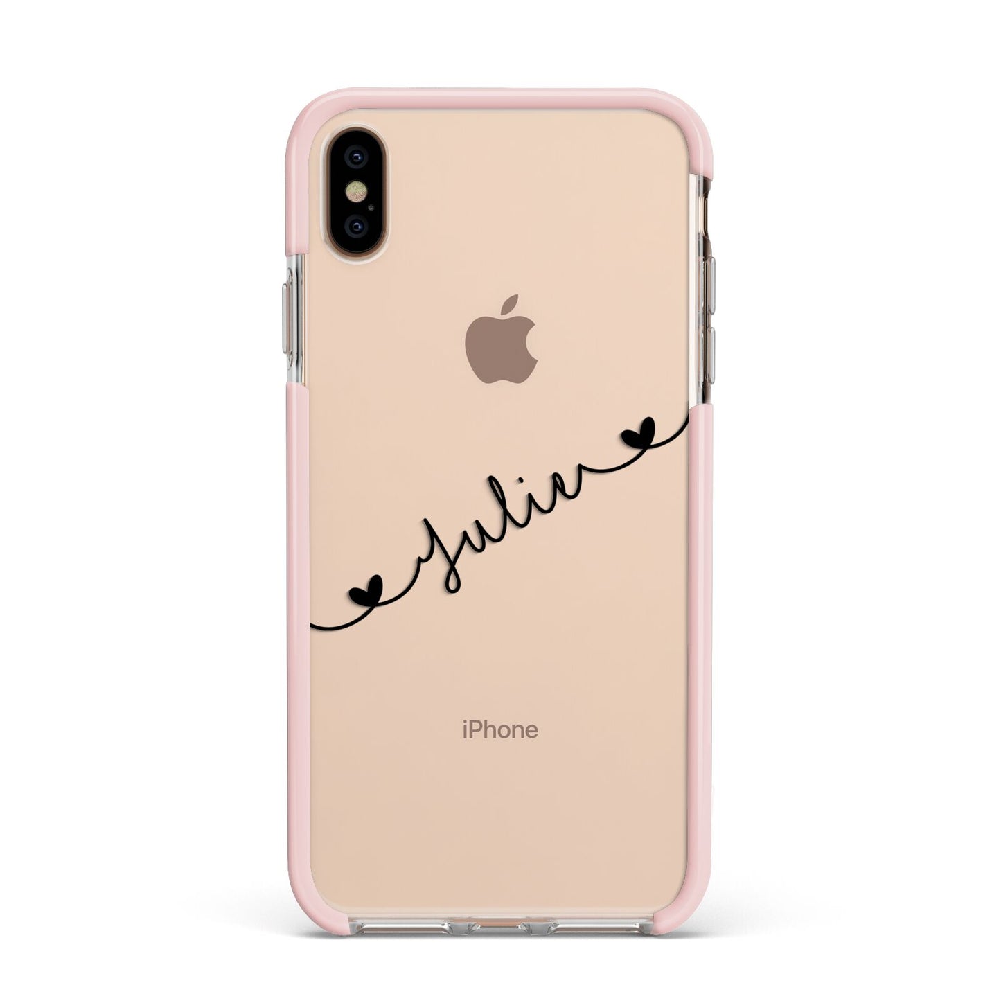 Black Sloped Handwritten Name Apple iPhone Xs Max Impact Case Pink Edge on Gold Phone