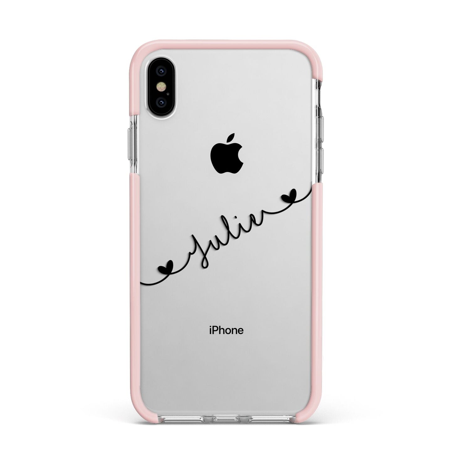 Black Sloped Handwritten Name Apple iPhone Xs Max Impact Case Pink Edge on Silver Phone