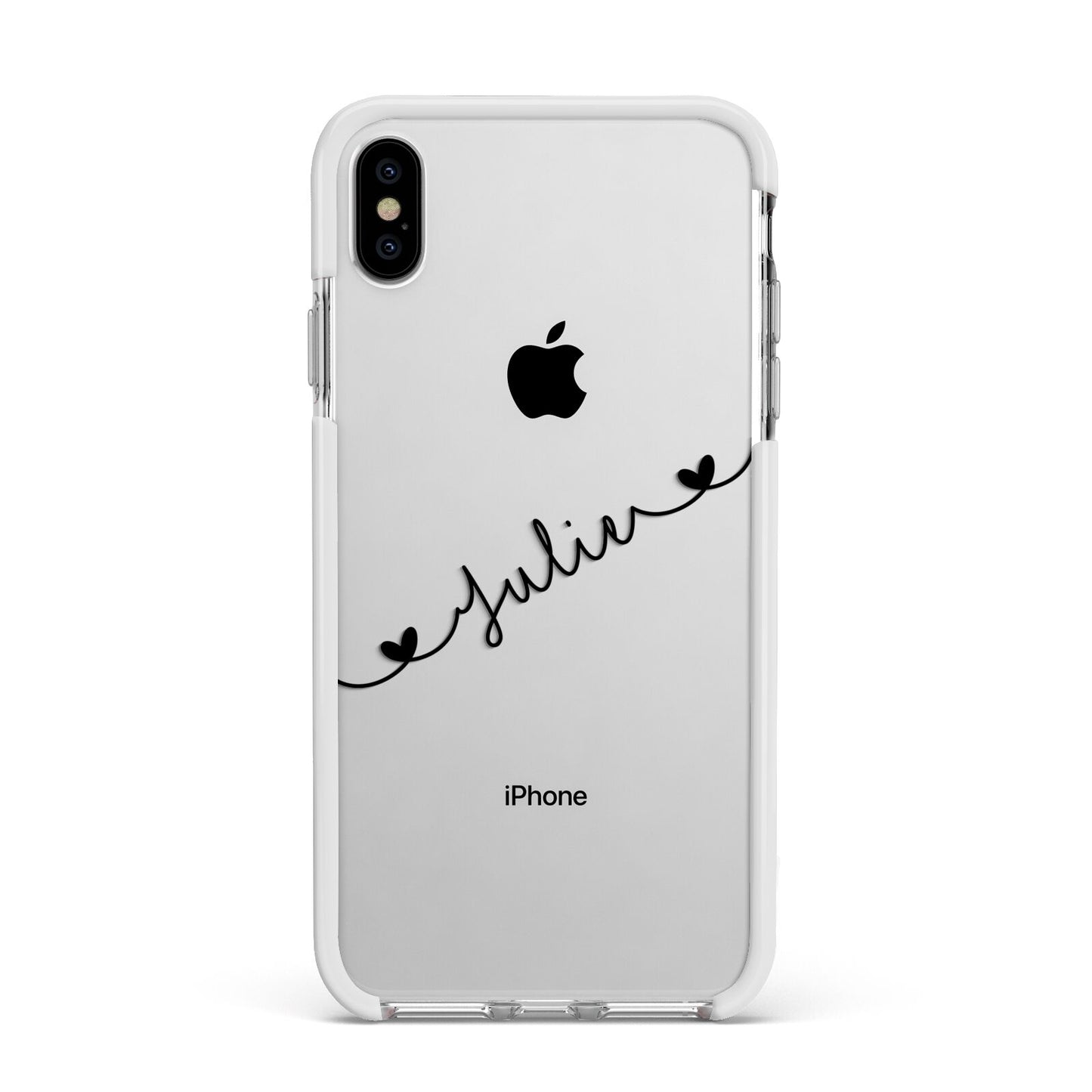 Black Sloped Handwritten Name Apple iPhone Xs Max Impact Case White Edge on Silver Phone