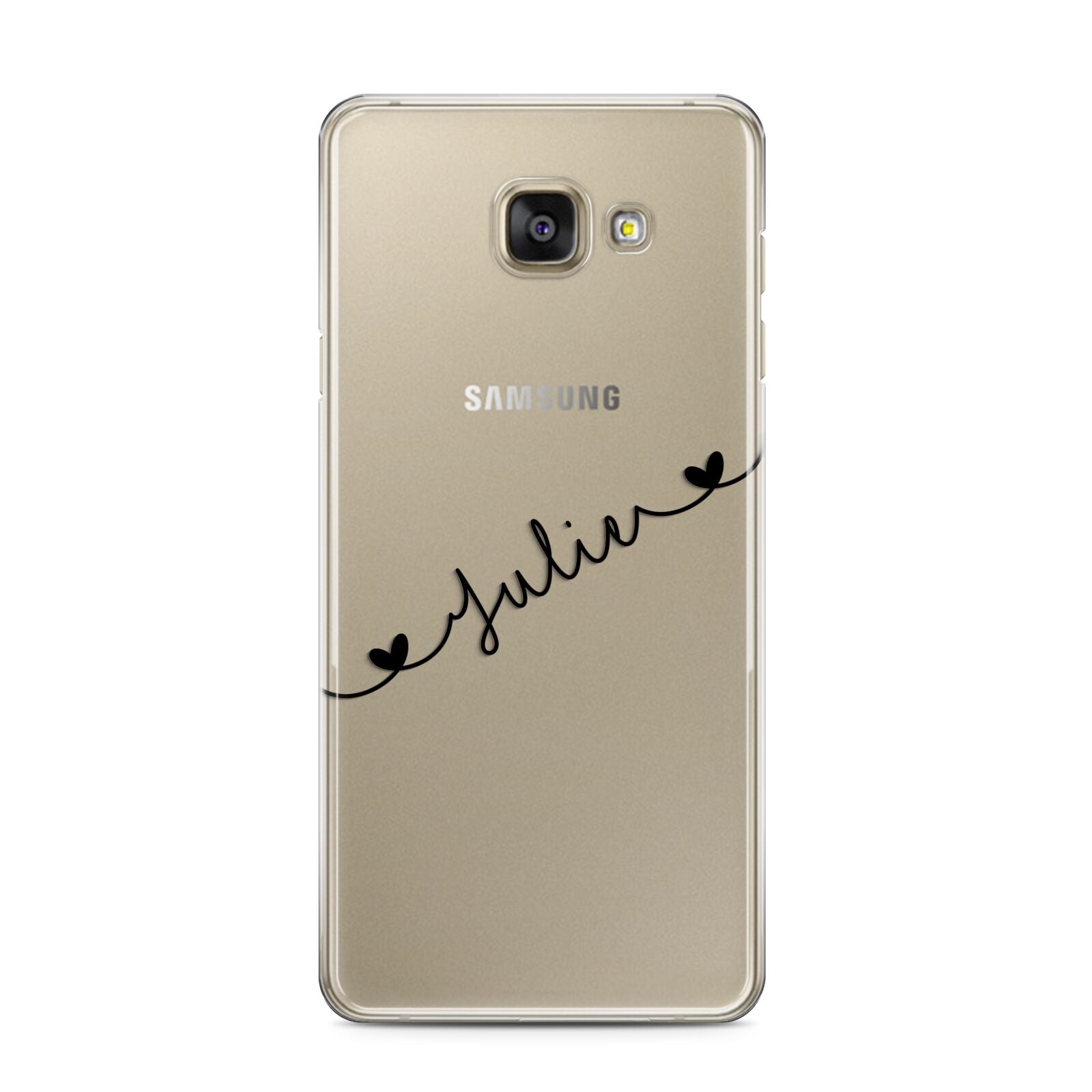 Black Sloped Handwritten Name Samsung Galaxy A3 2016 Case on gold phone